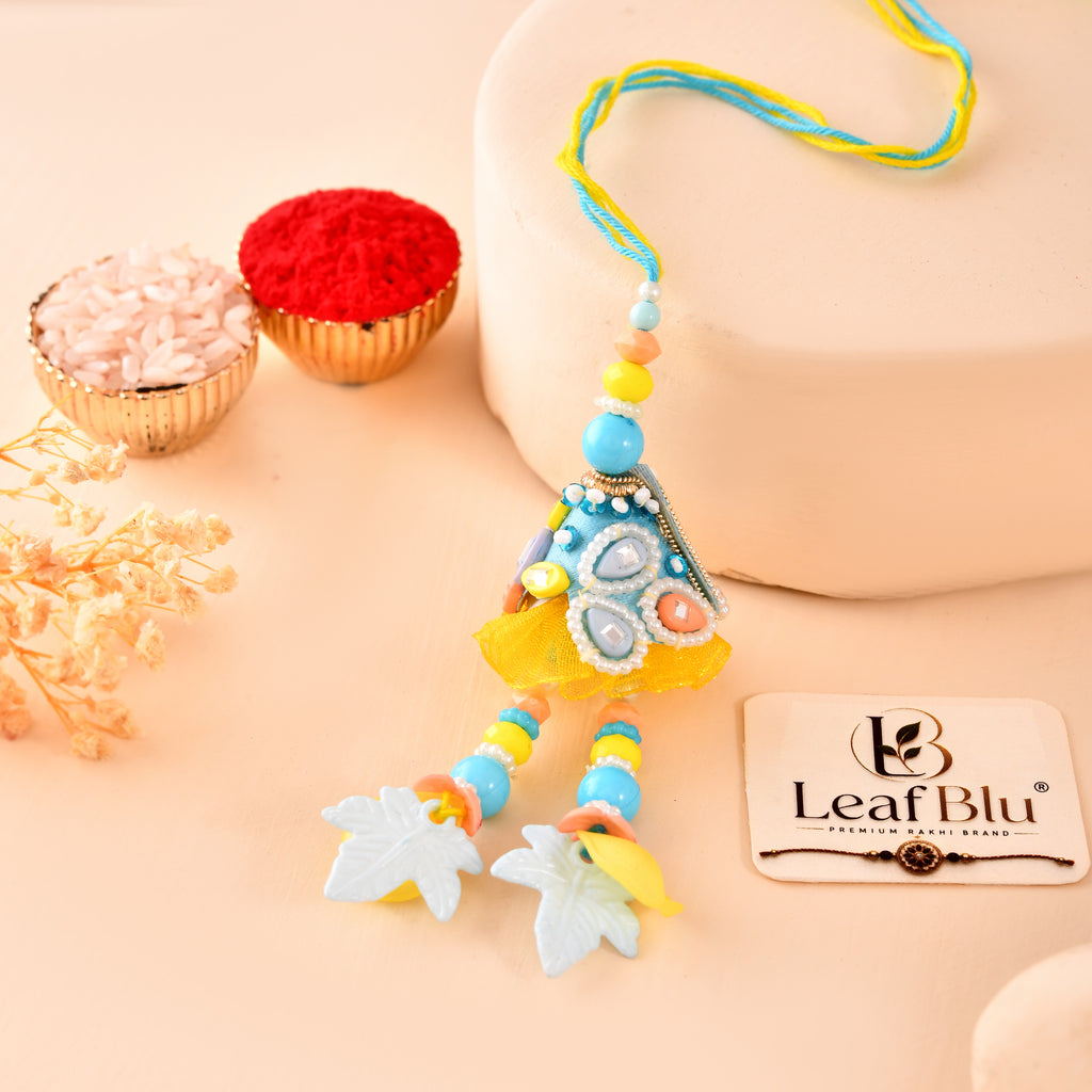 LeafBlu Premium Yellow Designer Lumba Rakhi for Bhabhi | Handmade Tassel Rakhi with Beads & Pearls