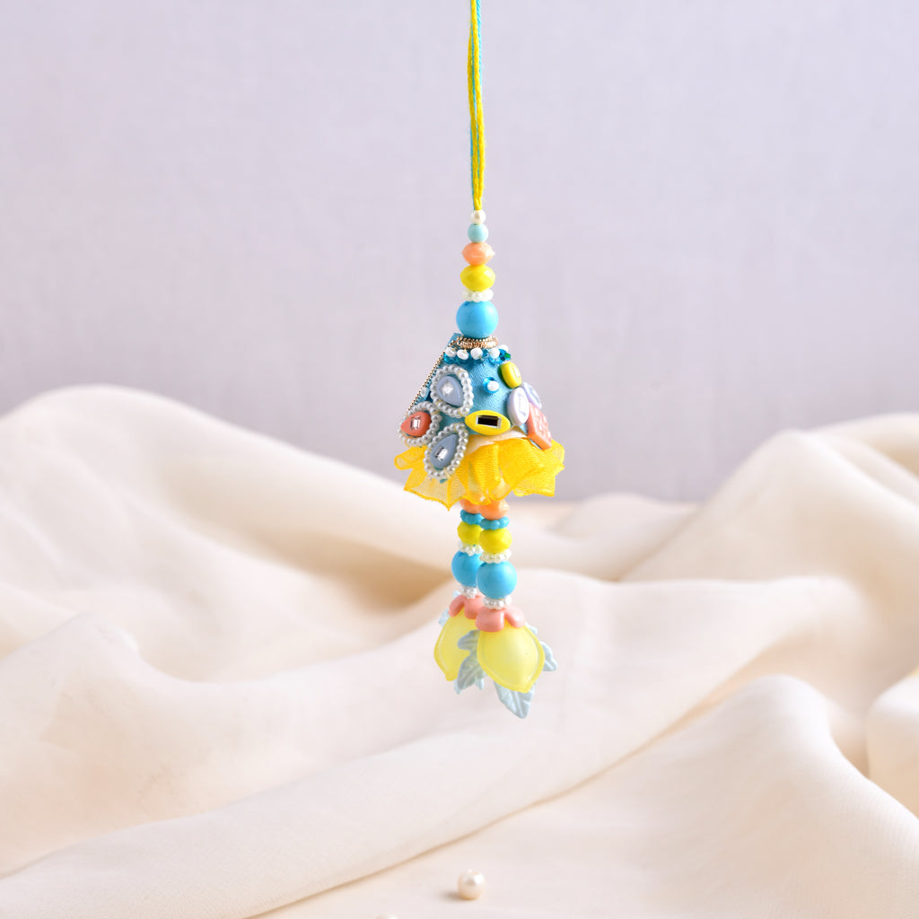 LeafBlu Premium Yellow Designer Lumba Rakhi for Bhabhi | Handmade Tassel Rakhi with Beads & Pearls
