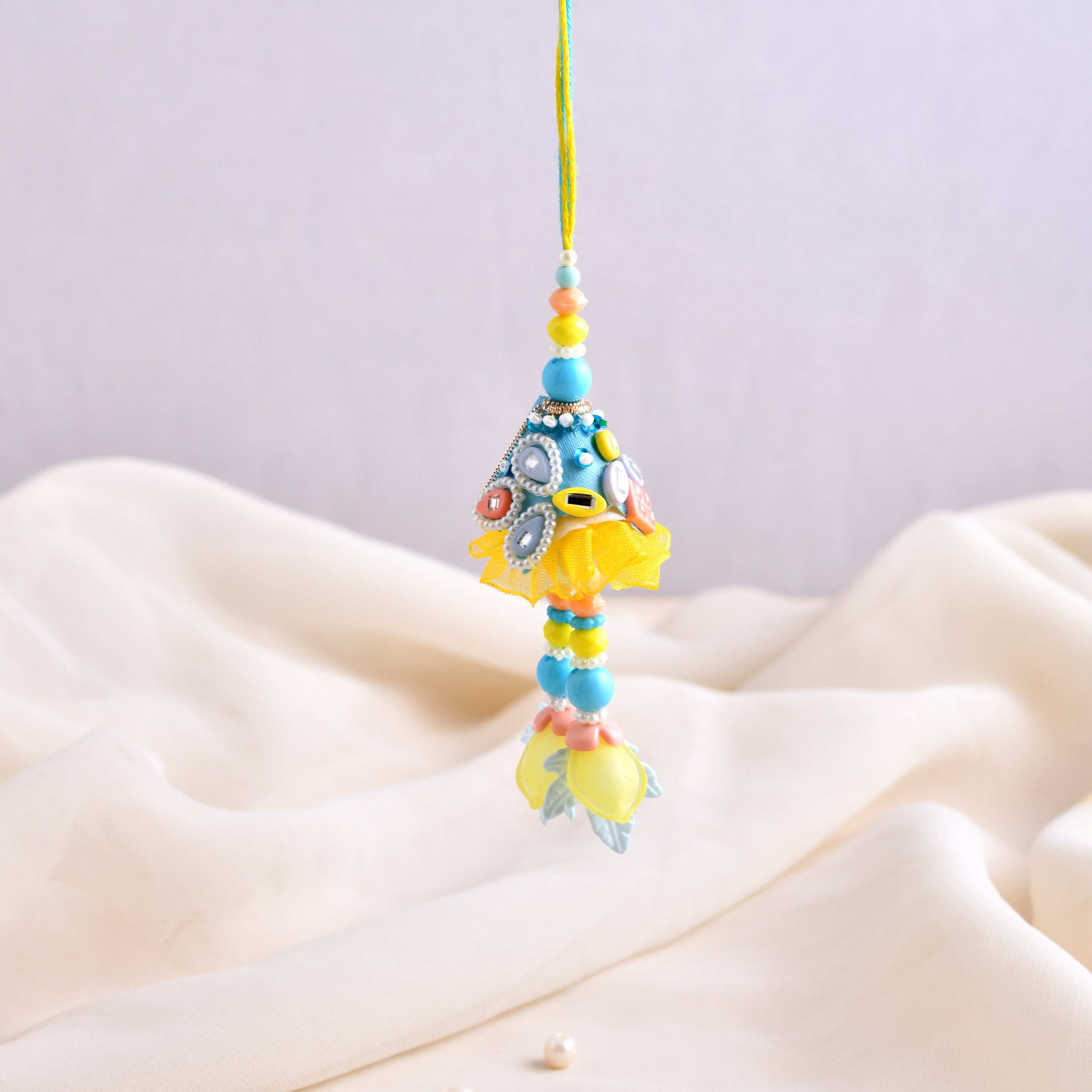 LeafBlu Premium Yellow Designer Lumba Rakhi for Bhabhi | Handmade Tassel Rakhi with Beads & Pearls