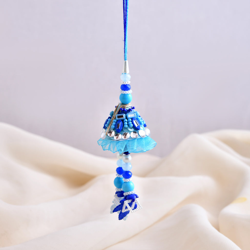 LeafBlu Premium Blue Lumba Rakhi for Bhabhi | Designer Tassel Rakhi with Pearl & Beads for Raksha Bandhan