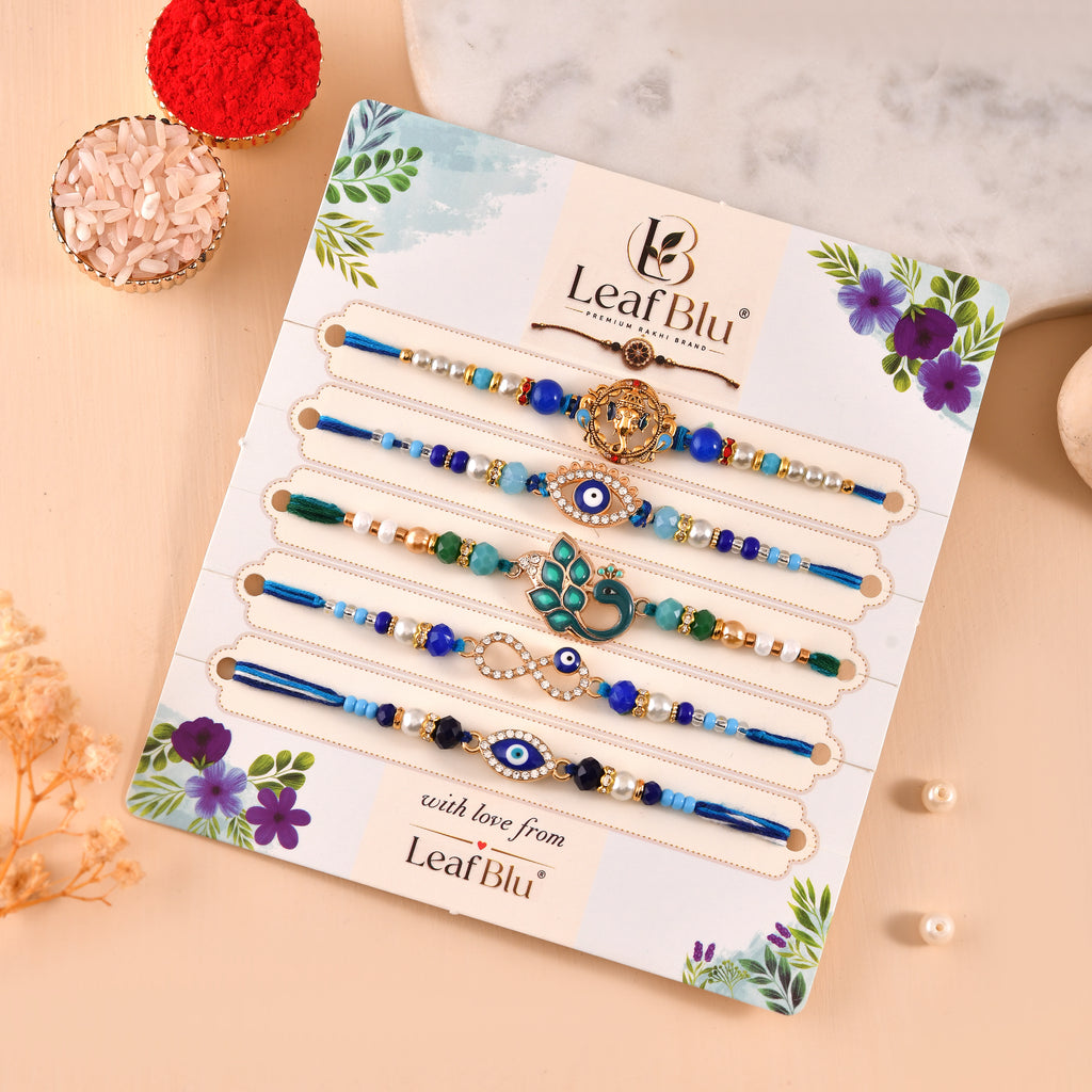 LeafBlu Premium Blue Theme Rakhi Set | Designer Rakhi Combo for Raksha Bandhan