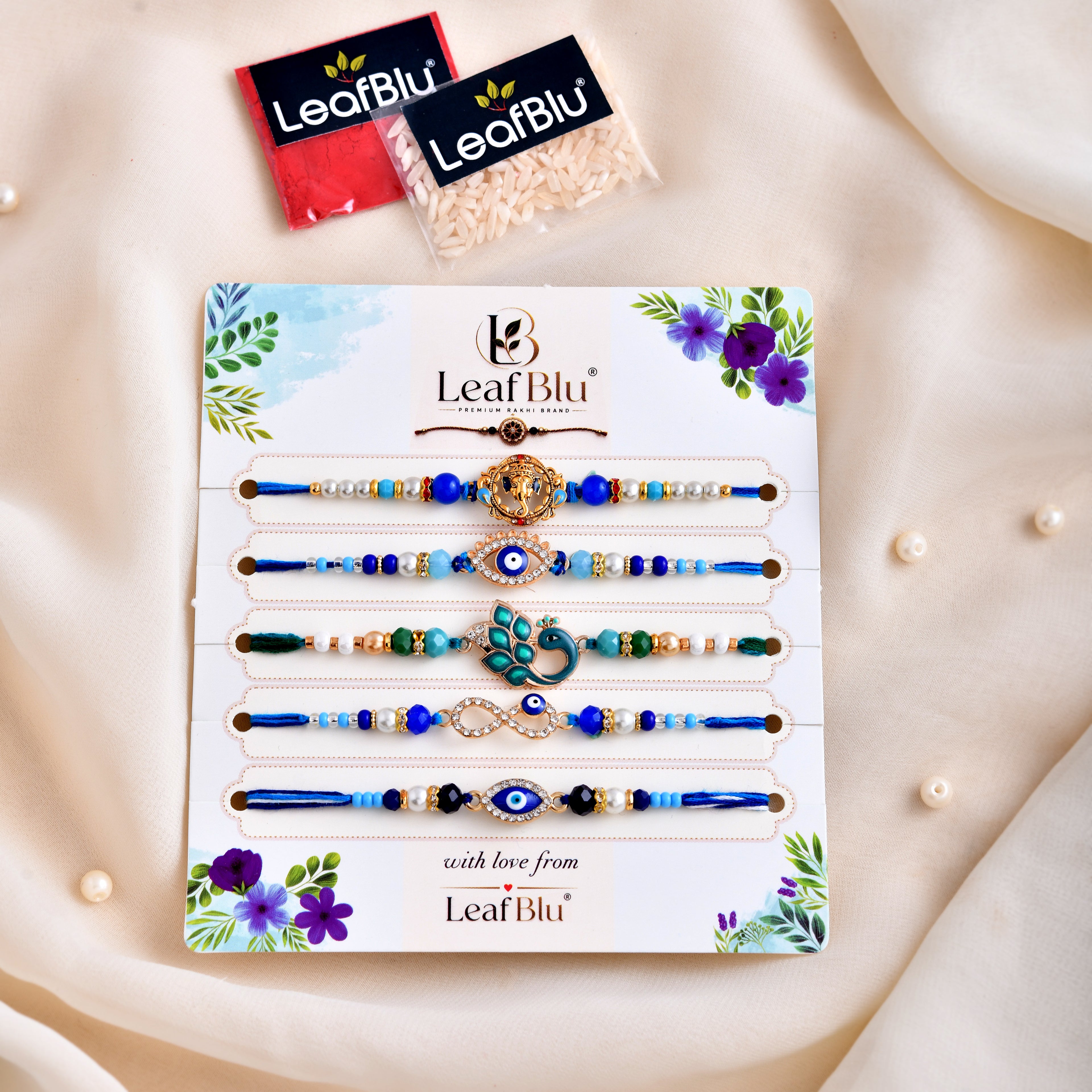 LeafBlu Premium Blue Theme Rakhi Set | Designer Rakhi Combo for Raksha Bandhan