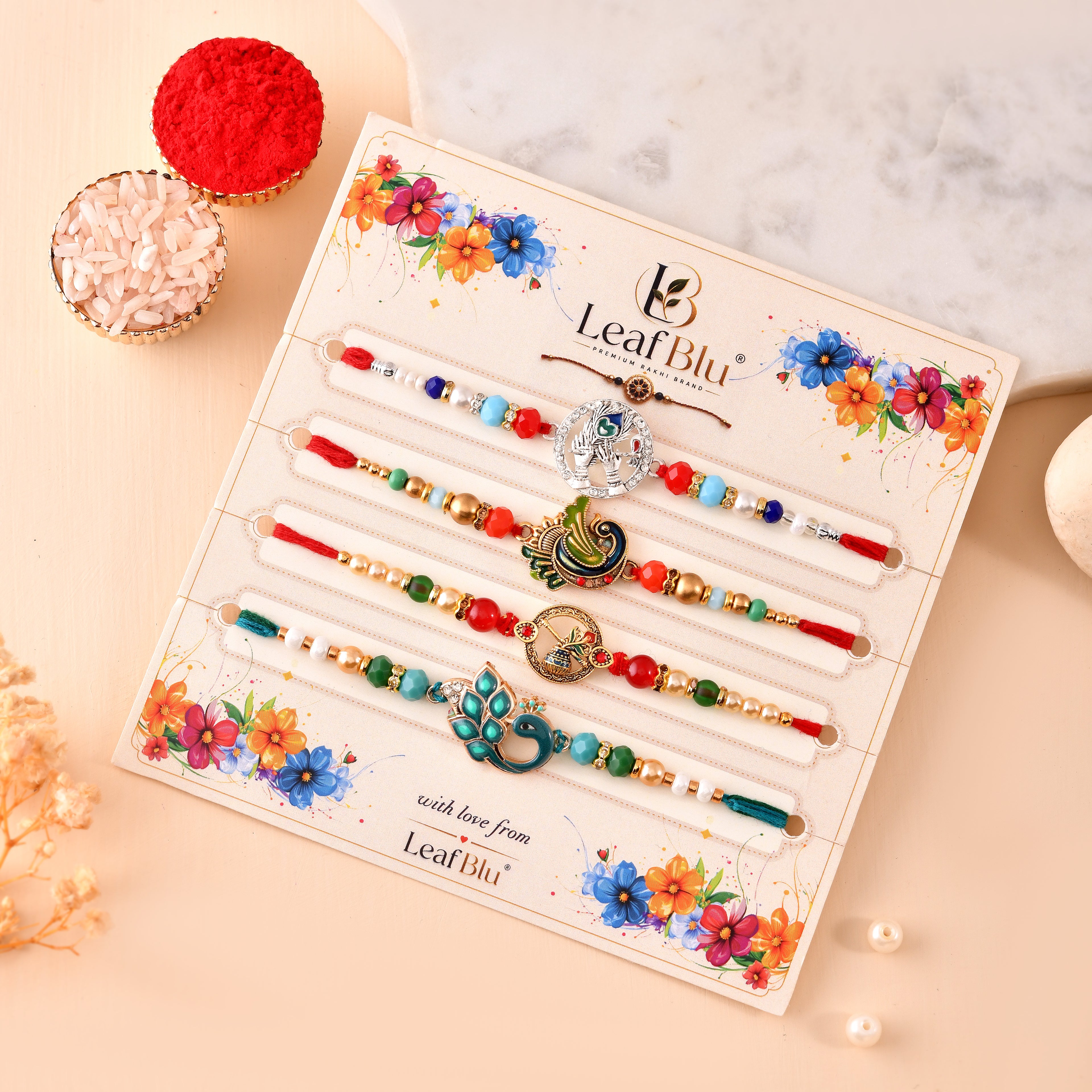 LeafBlu Premium Designer Rakhi Set of 4 for Brother with Rakhi Agreement Card, Greeting Card & Roli Chawal | Handmade Raksha Bandhan Gift Combo