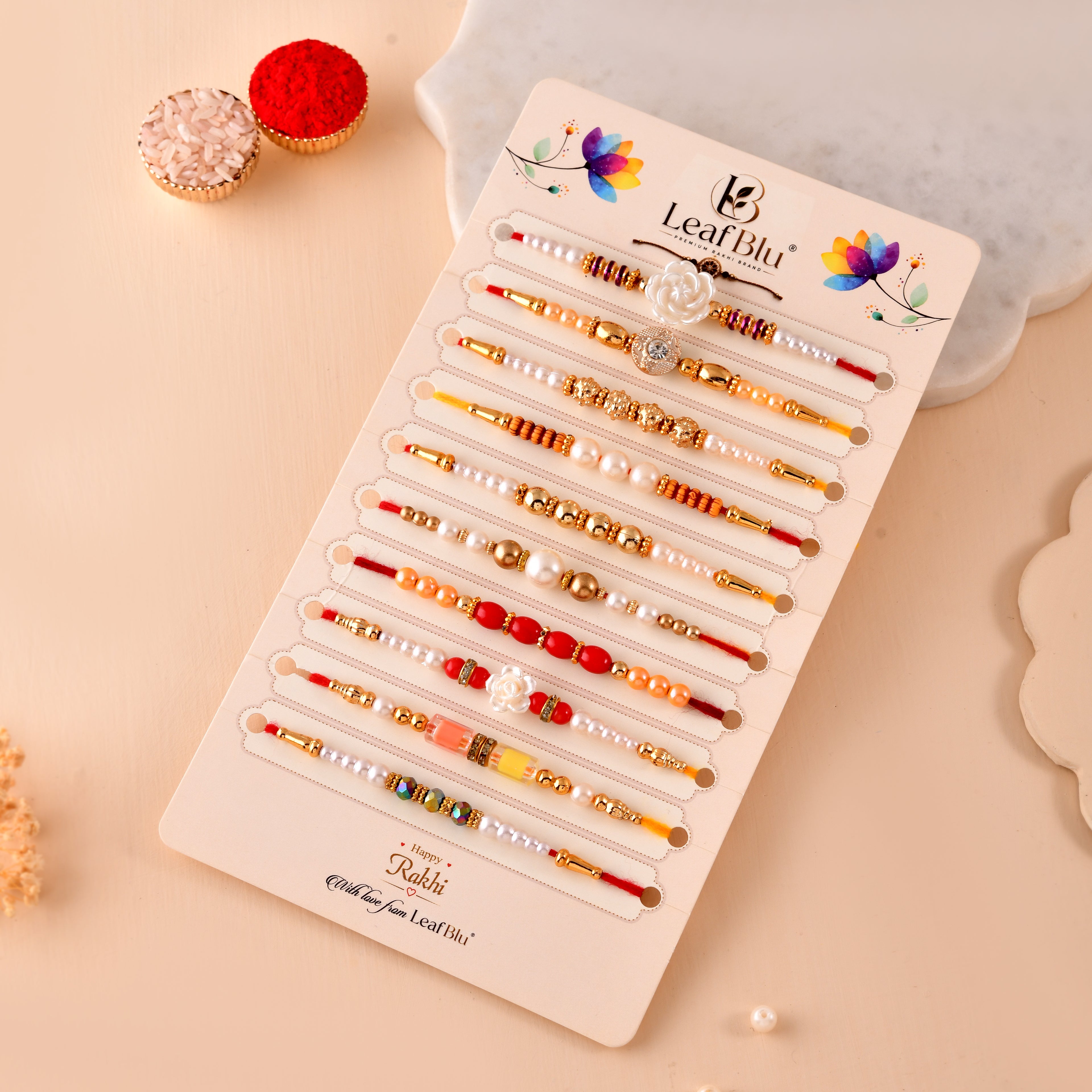 LeafBlu Premium Designer Rakhi Combo Set for Sister | Pack of 10 Elegant Rakhis