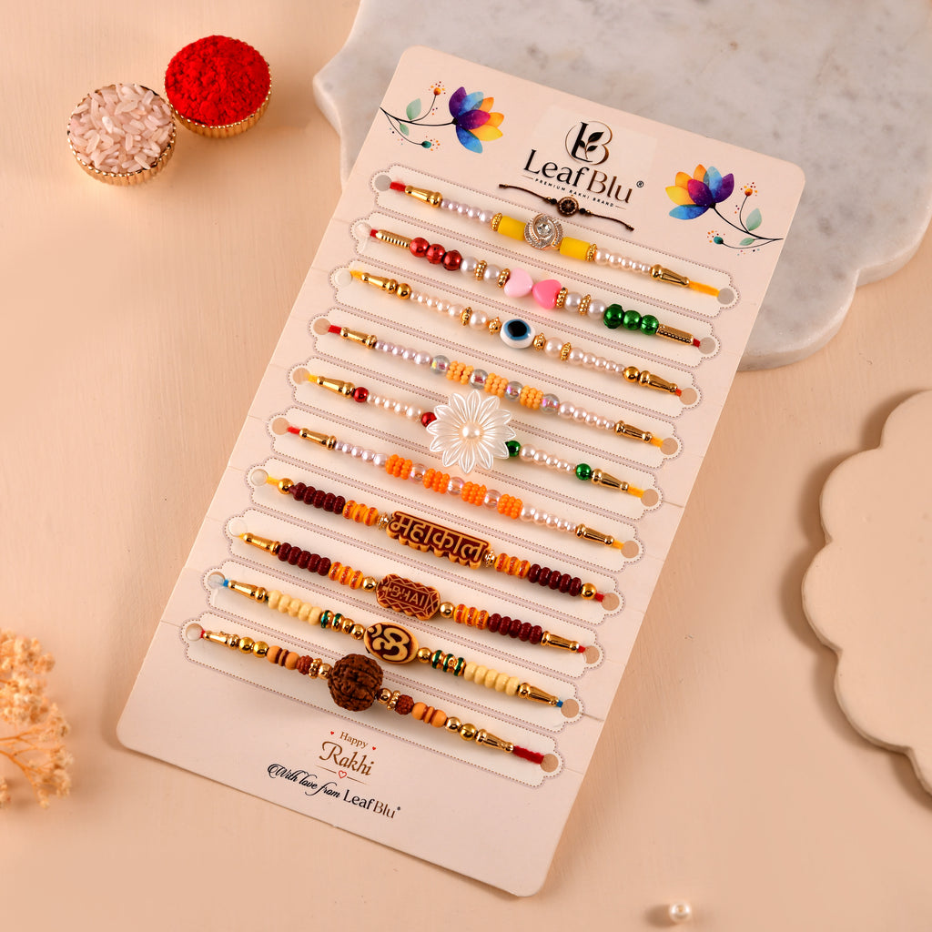 LeafBlu Premium Rakhi Combo Set | Pack of 10 Designer Rakhis for Brother