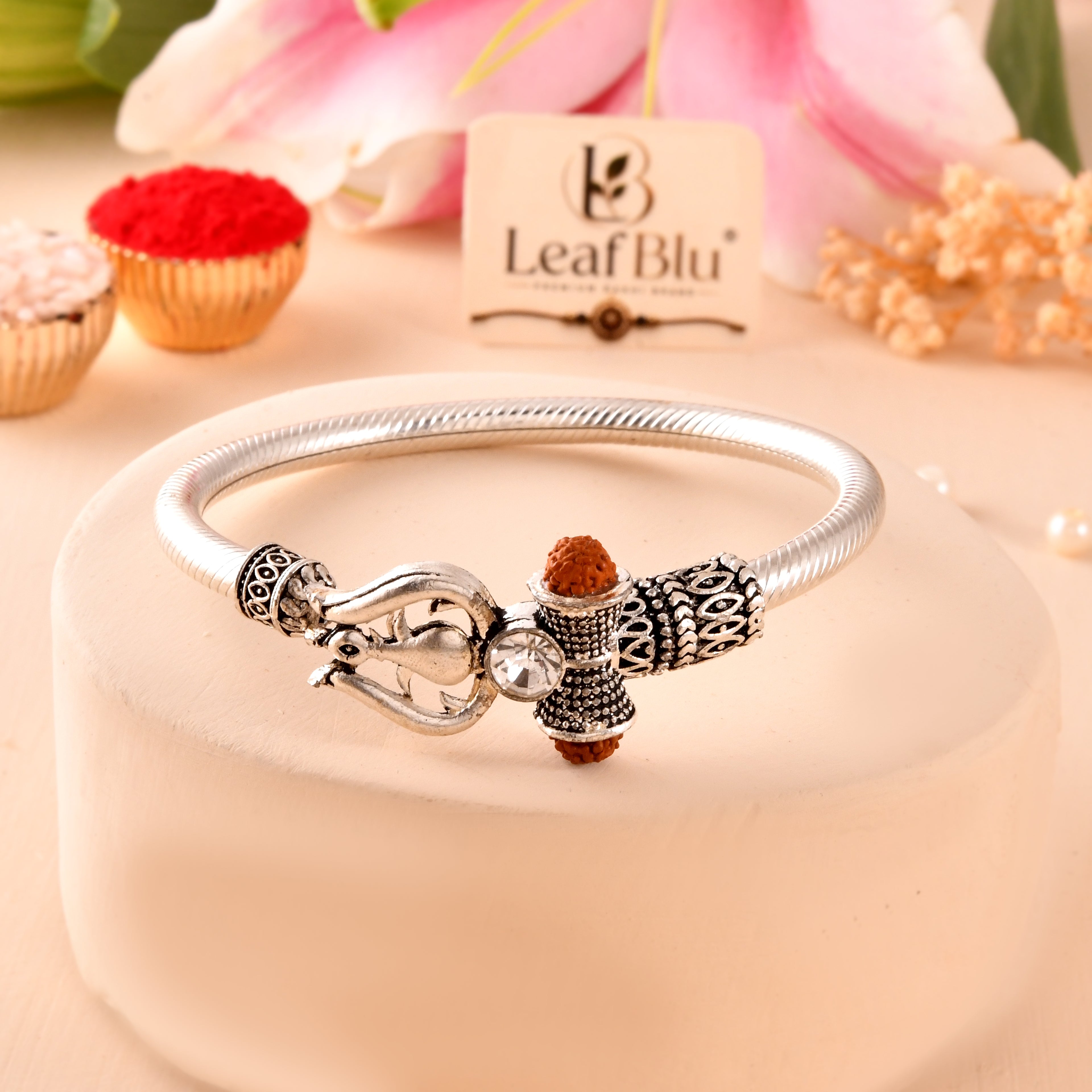 LeafBlu Silver Mahadev Bracelet | Trishul Rudraksha Men’s Bracelet (Pack of 1)