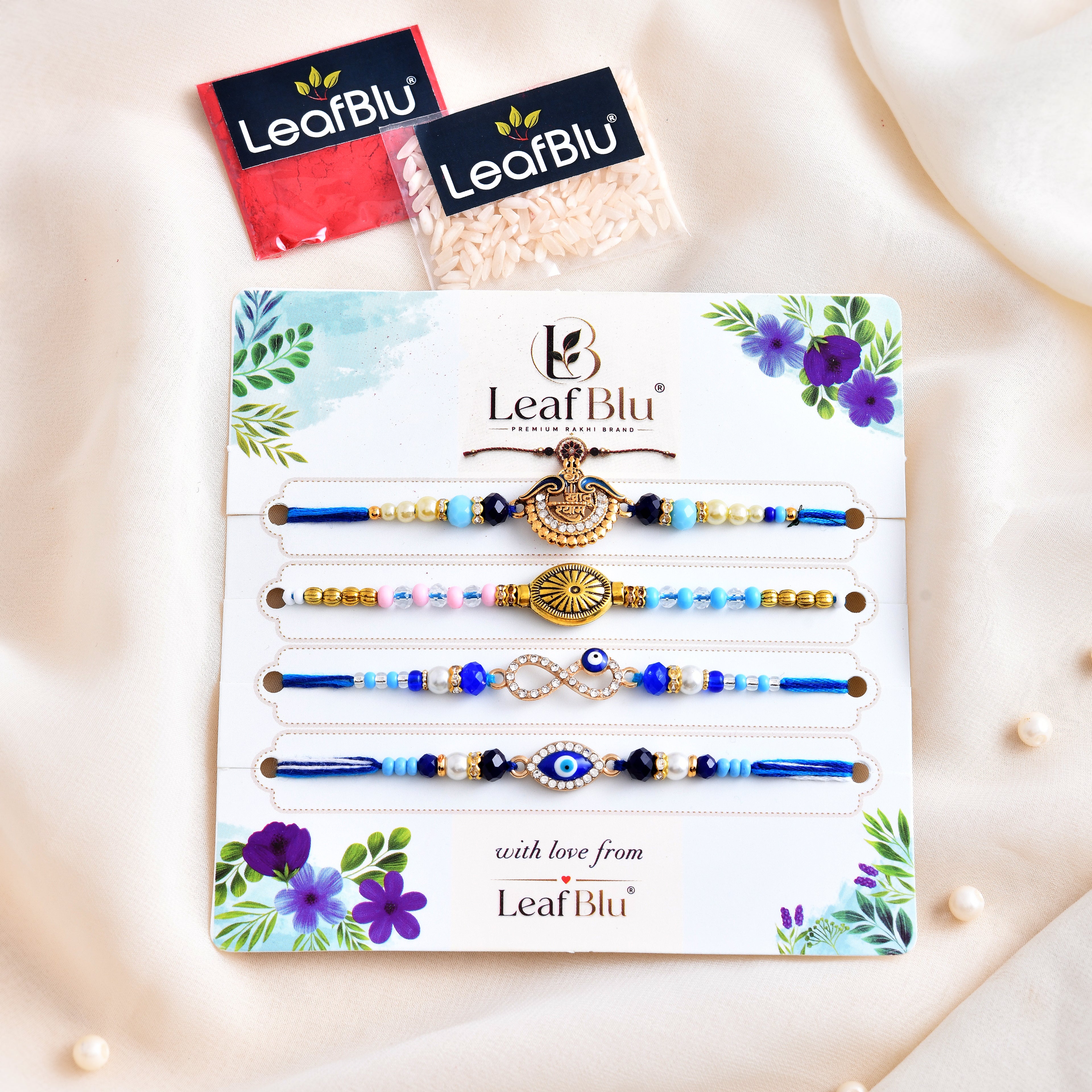 LeafBlu Evil Eye & Designer Rakhi Combo | Premium Rakhi Set Pack of 4