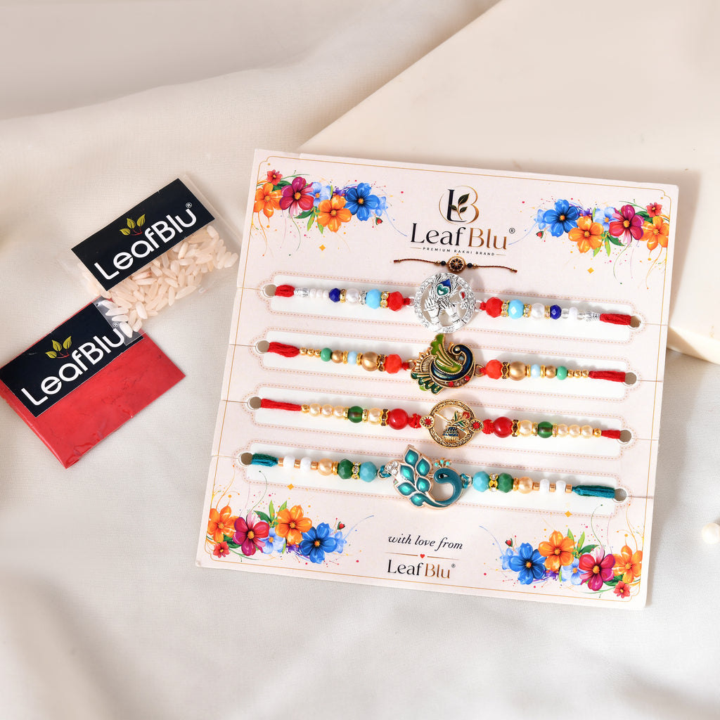 LeafBlu Premium Designer Rakhi Set of 4 for Brother with Rakhi Agreement Card, Greeting Card & Roli Chawal | Handmade Raksha Bandhan Gift Combo