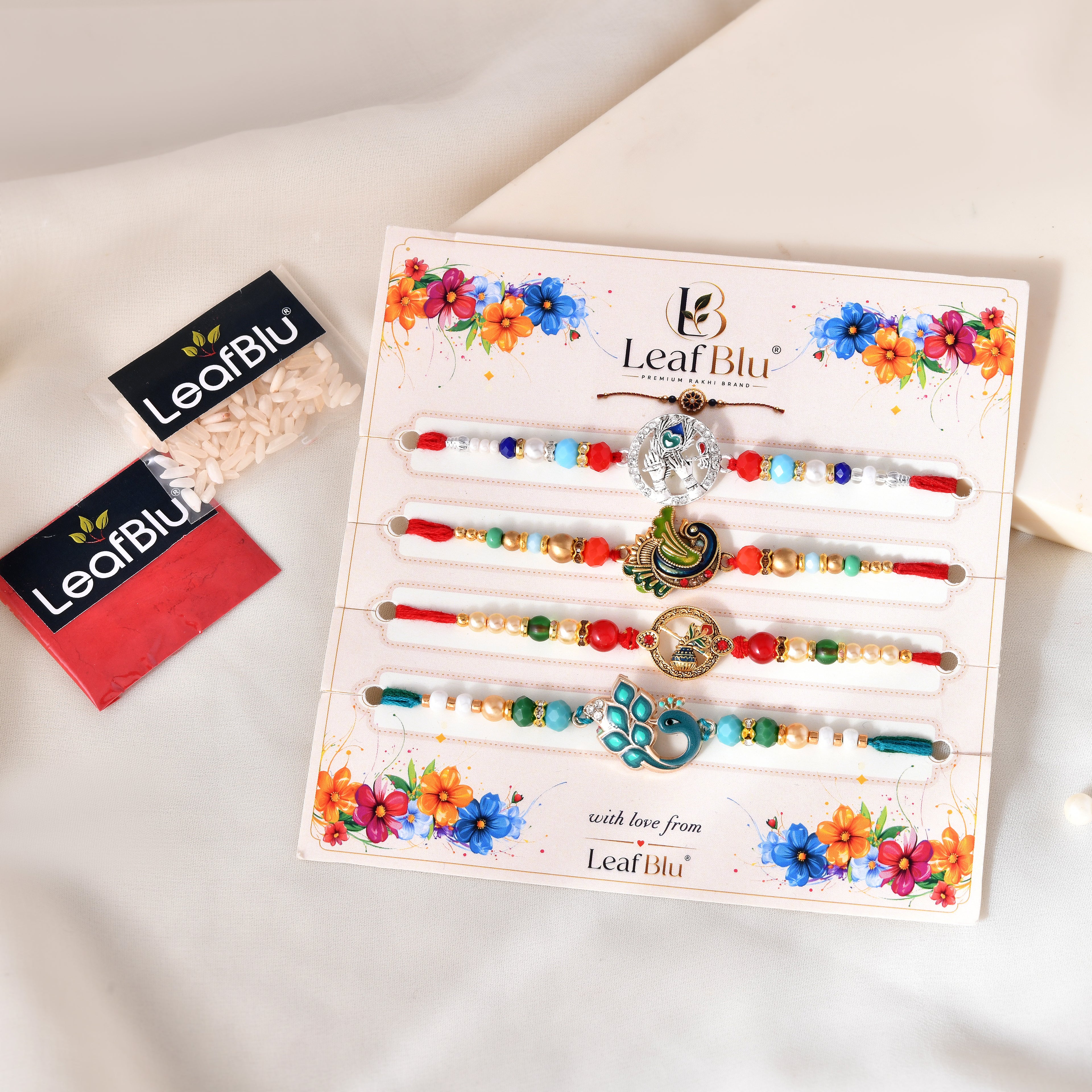 LeafBlu Premium Designer Rakhi Set of 4 for Brother with Rakhi Agreement Card, Greeting Card & Roli Chawal | Handmade Raksha Bandhan Gift Combo