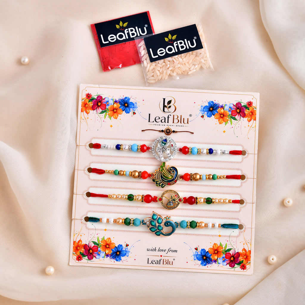 LeafBlu Premium Peacock Designer Rakhi Combo Set | Pack of 4 Fancy Rakhis