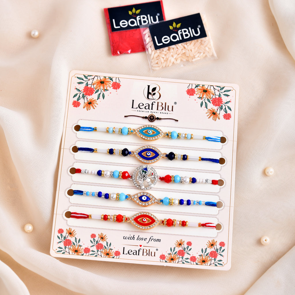 LeafBlu Premium Evil Eye Designer Rakhi Set of 5 for Brother with Rakhi Agreement Card, Greeting Card & Roli Chawal | Handmade Raksha Bandhan Gift Combo