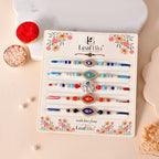 LeafBlu Premium Evil Eye Designer Rakhi Set of 5 for Brother with Rakhi Agreement Card, Greeting Card & Roli Chawal | Handmade Raksha Bandhan Gift Combo