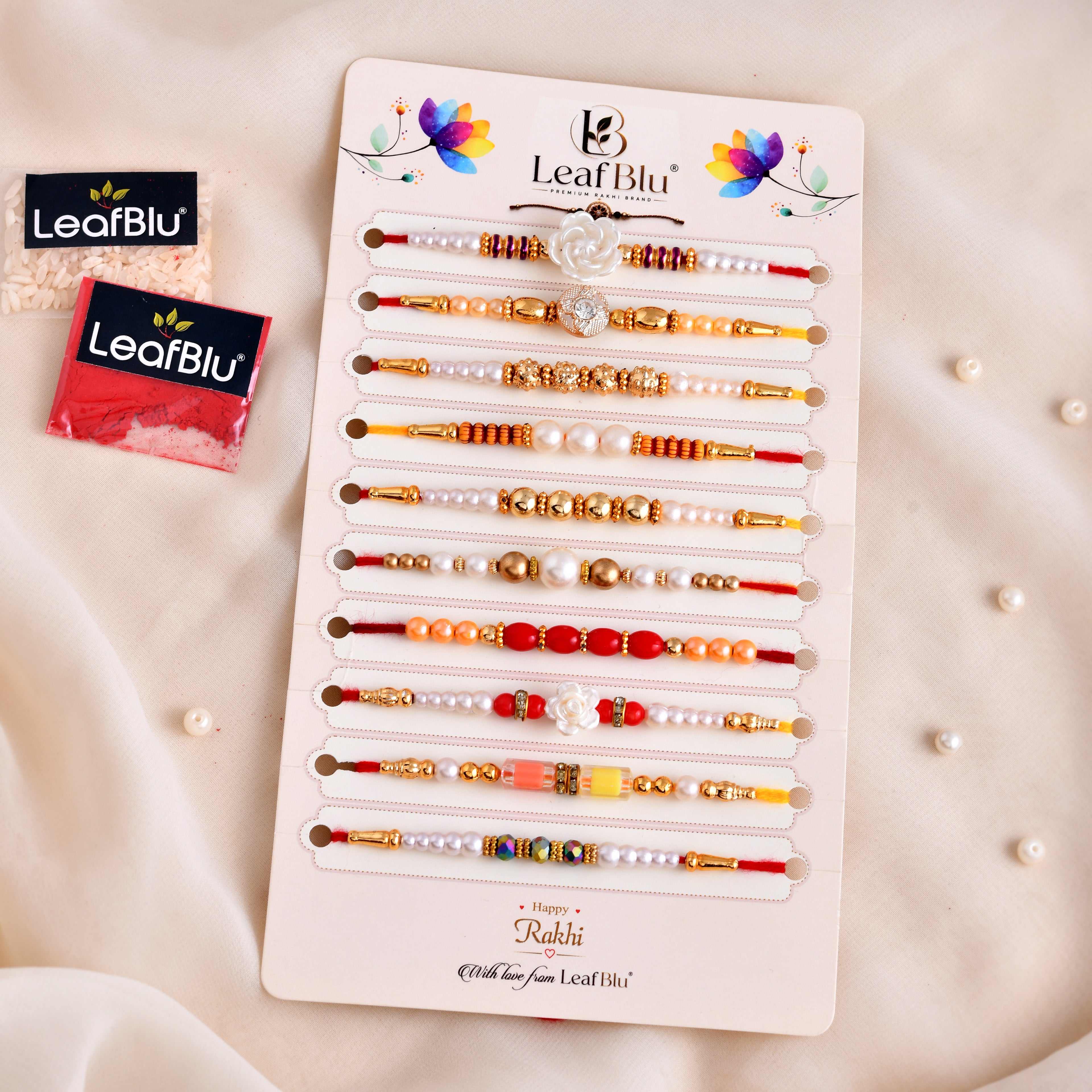LeafBlu Premium Designer Rakhi Combo Set for Sister | Pack of 10 Elegant Rakhis