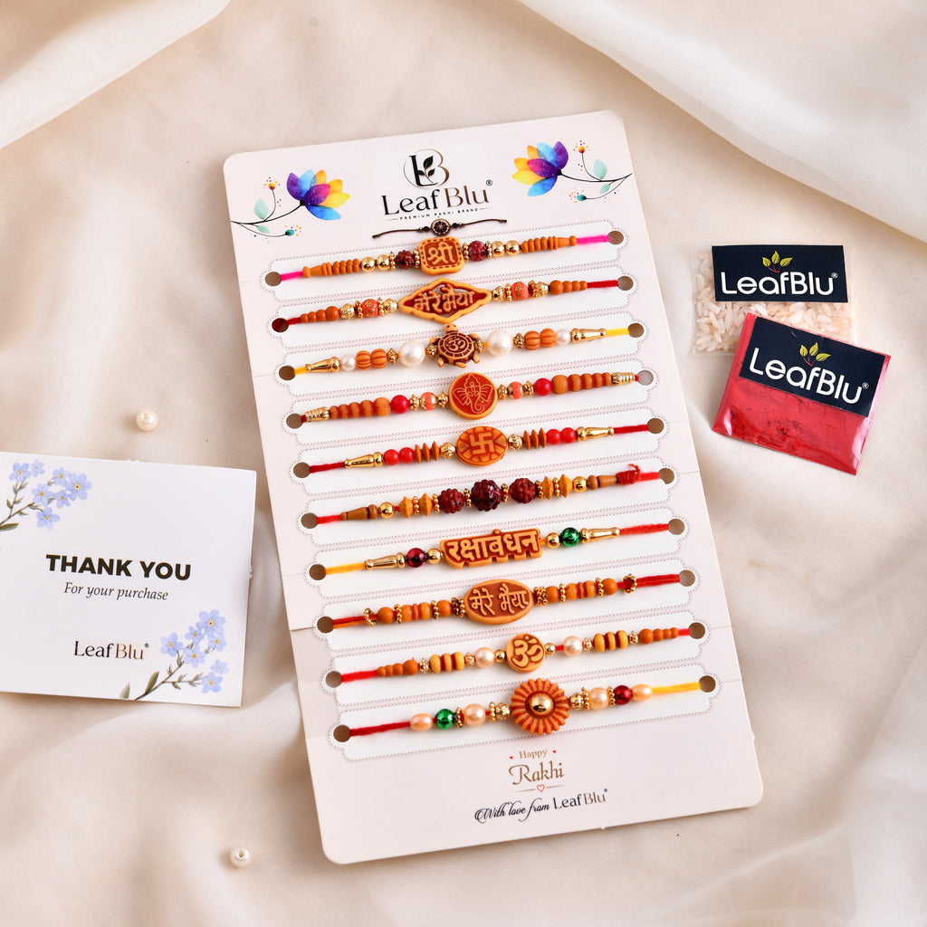 LeafBlu Traditional Rakhi Combo Pack | Om, Shri, Rudraksha & Bhai Rakhi Set