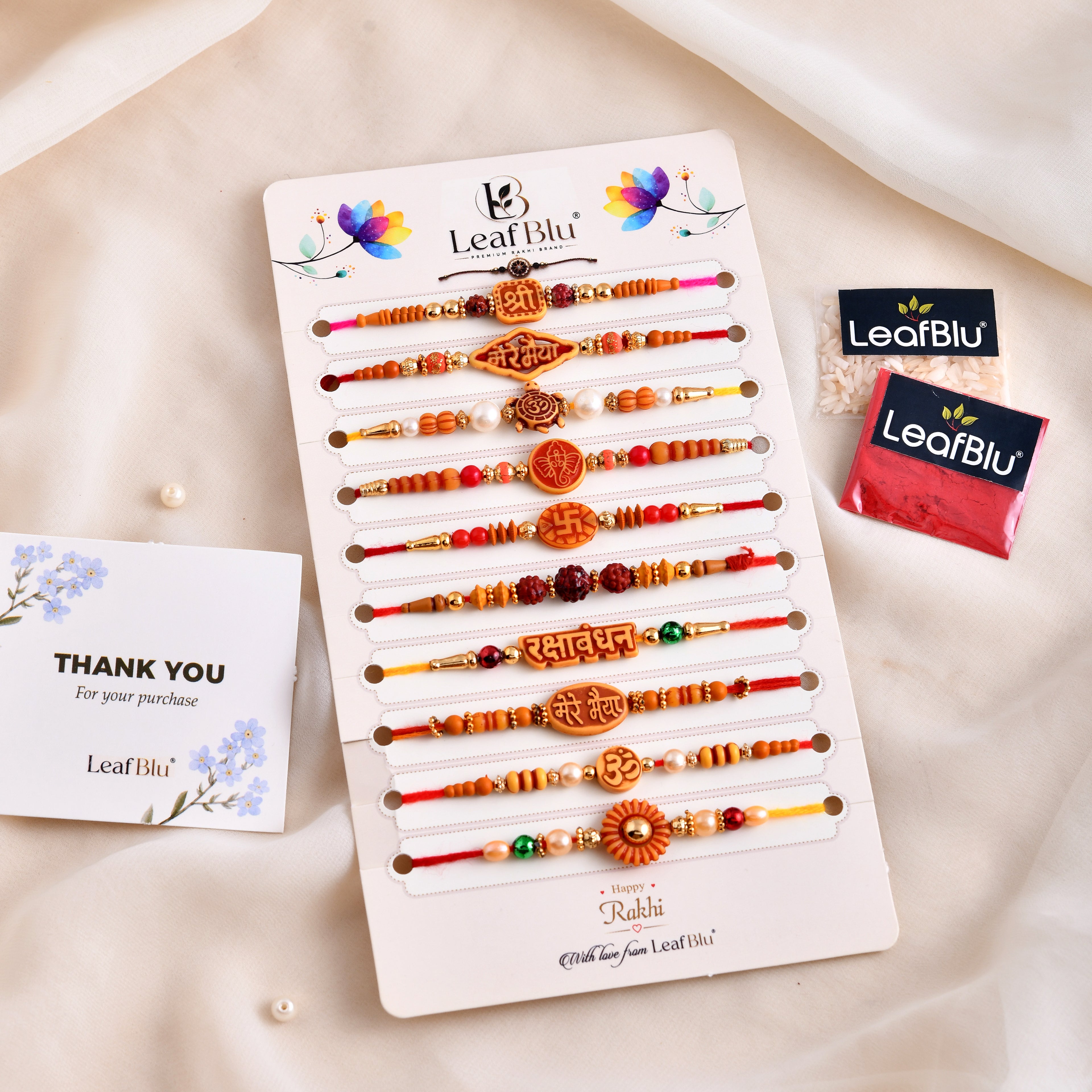 LeafBlu Traditional Rakhi Combo Pack | Om, Shri, Rudraksha & Bhai Rakhi Set
