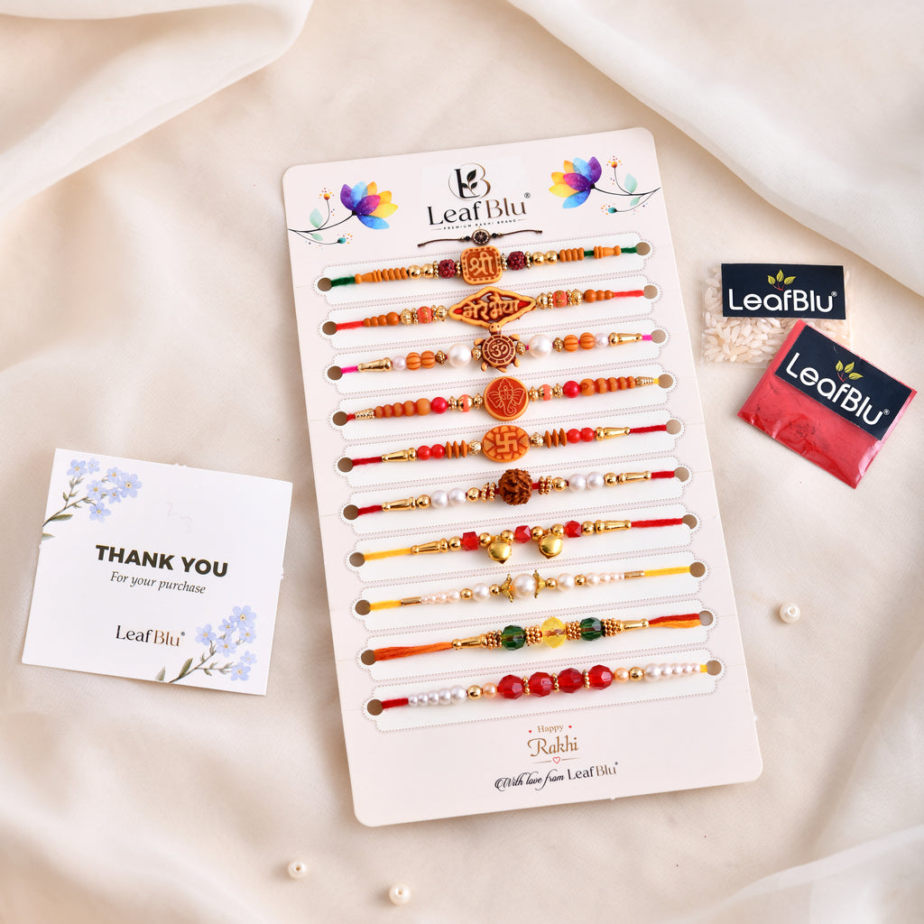 LeafBlu Premium Spiritual Rakhi Combo Set | Pack of 10 Traditional Designer Rakhis