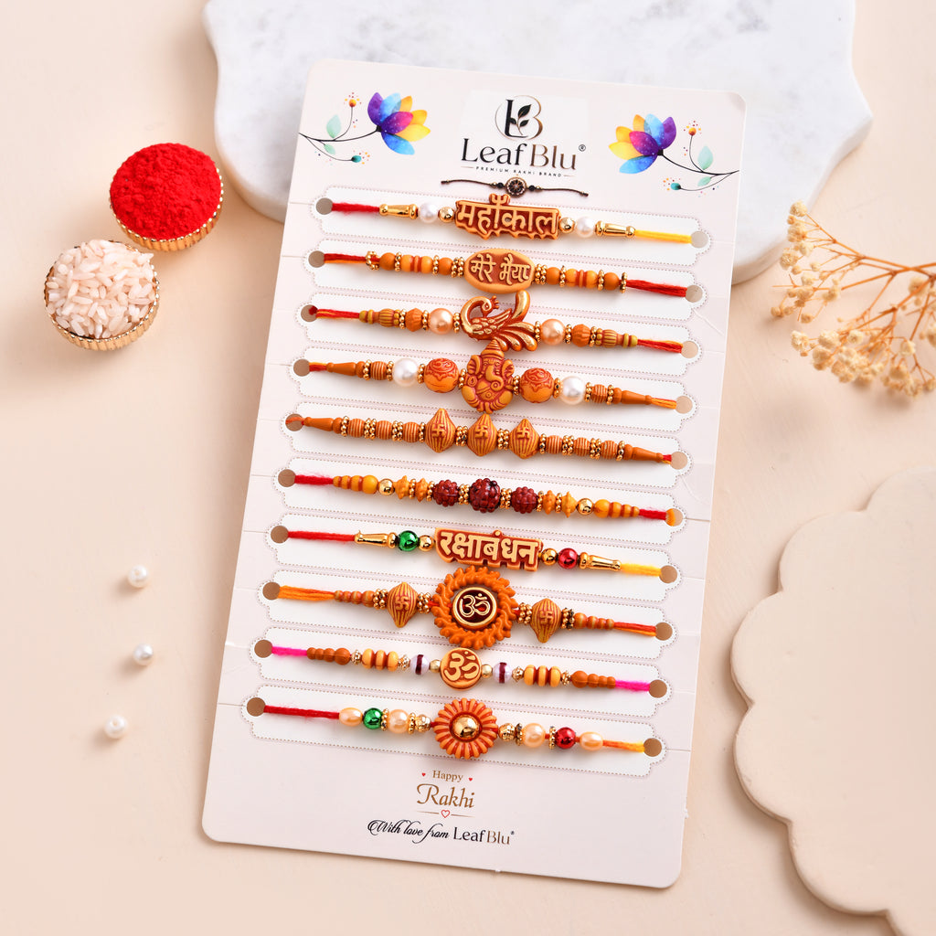 LeafBlu Premium Mahakal Rakhi Combo Set | Pack of 10 Spiritual Designer Rakhis