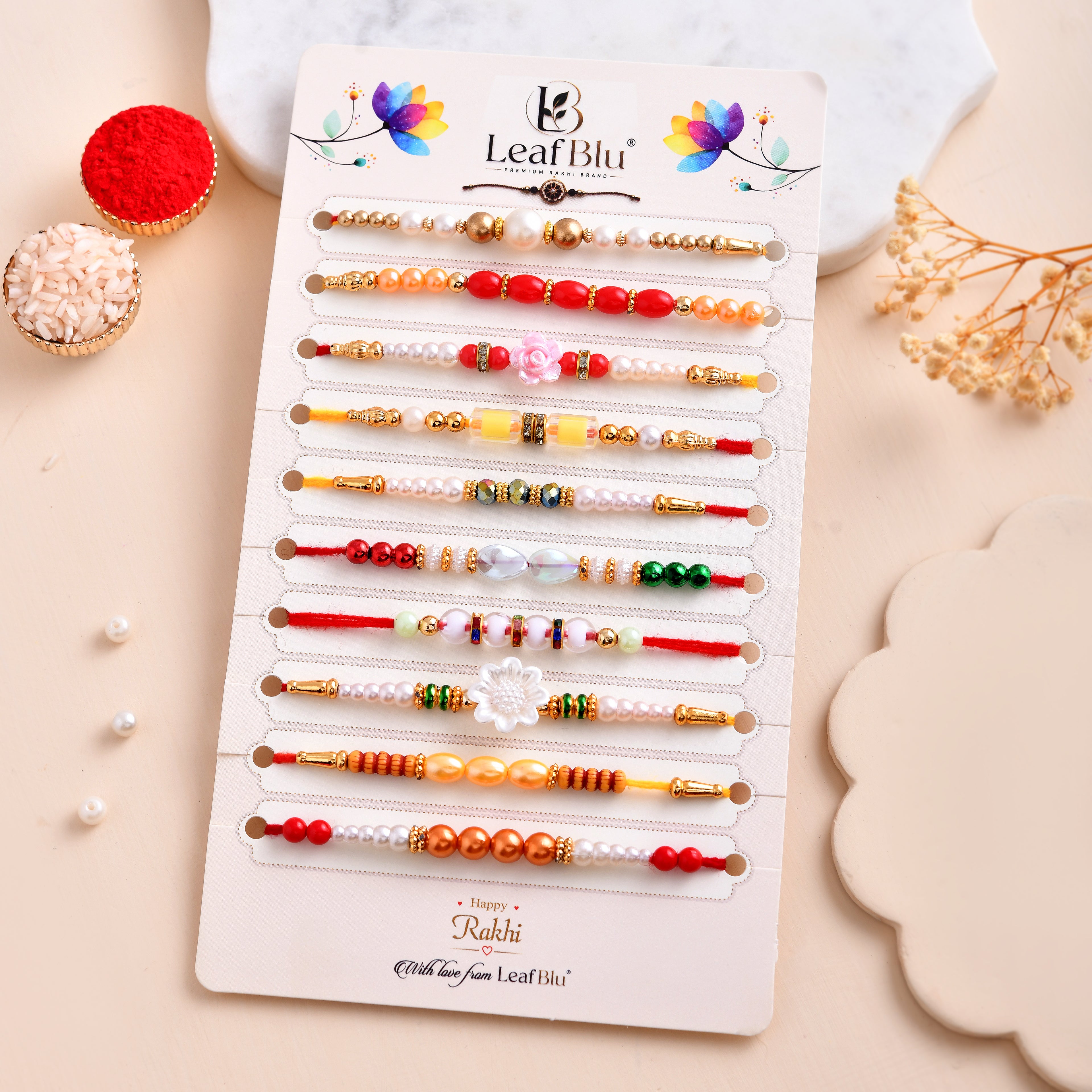 LeafBlu Fancy Rakhi Combo Pack | Premium Pearl & Beaded Rakhi Set