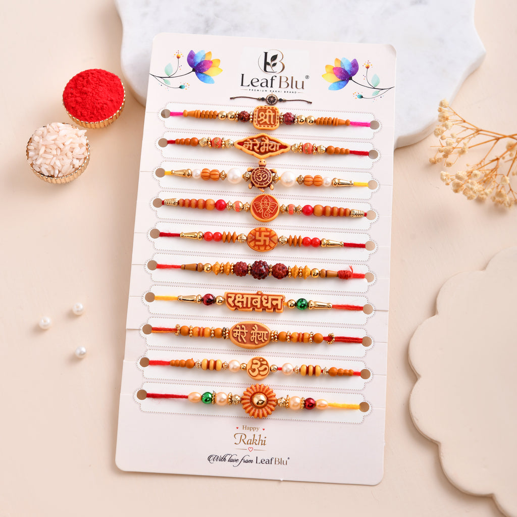 LeafBlu Traditional Rakhi Combo Pack | Om, Shri, Rudraksha & Bhai Rakhi Set
