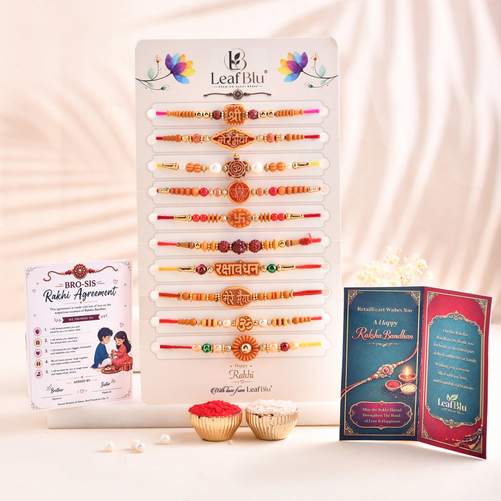 LeafBlu Traditional Rakhi Combo Pack | Om, Shri, Rudraksha & Bhai Rakhi Set