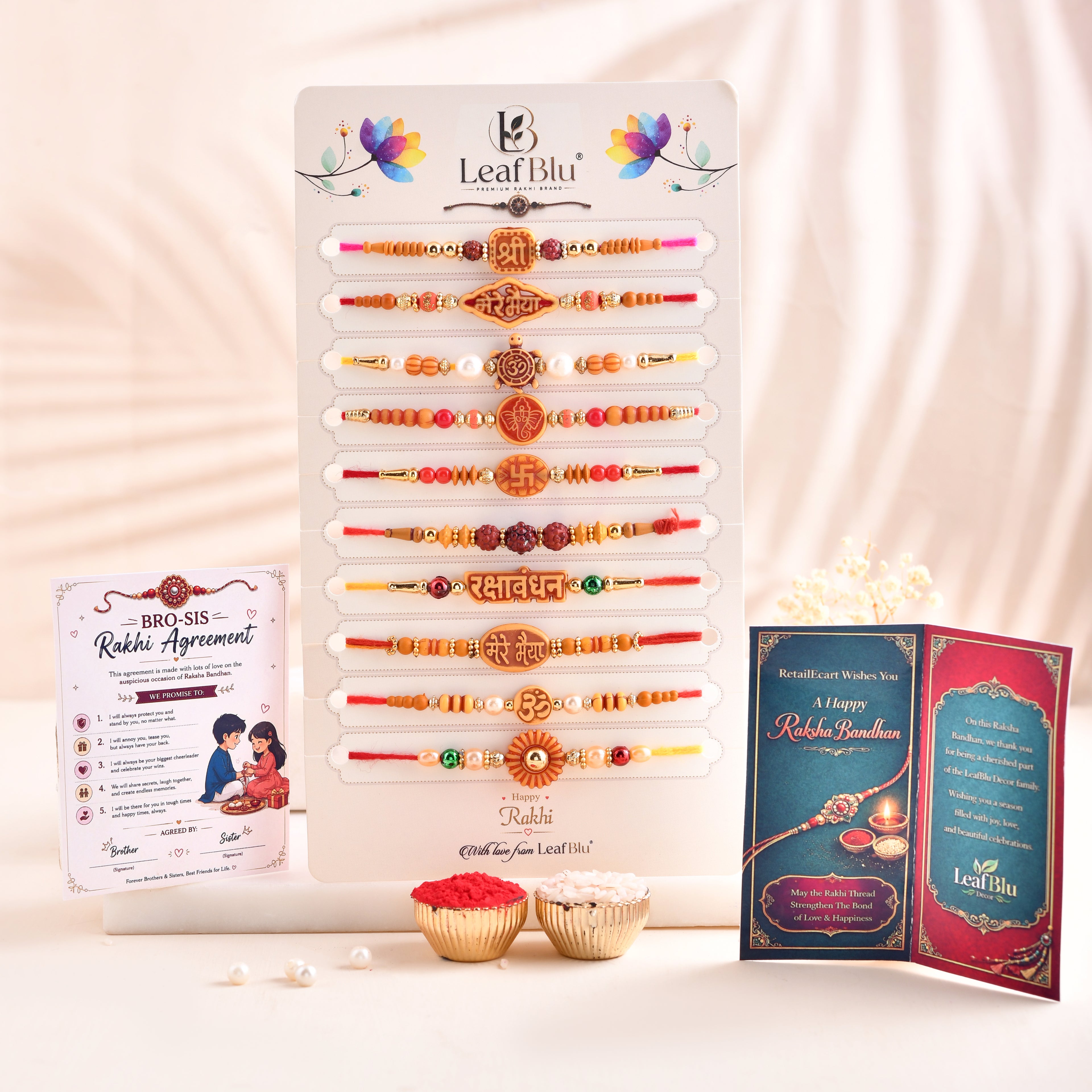 LeafBlu Traditional Rakhi Combo Pack | Om, Shri, Rudraksha & Bhai Rakhi Set