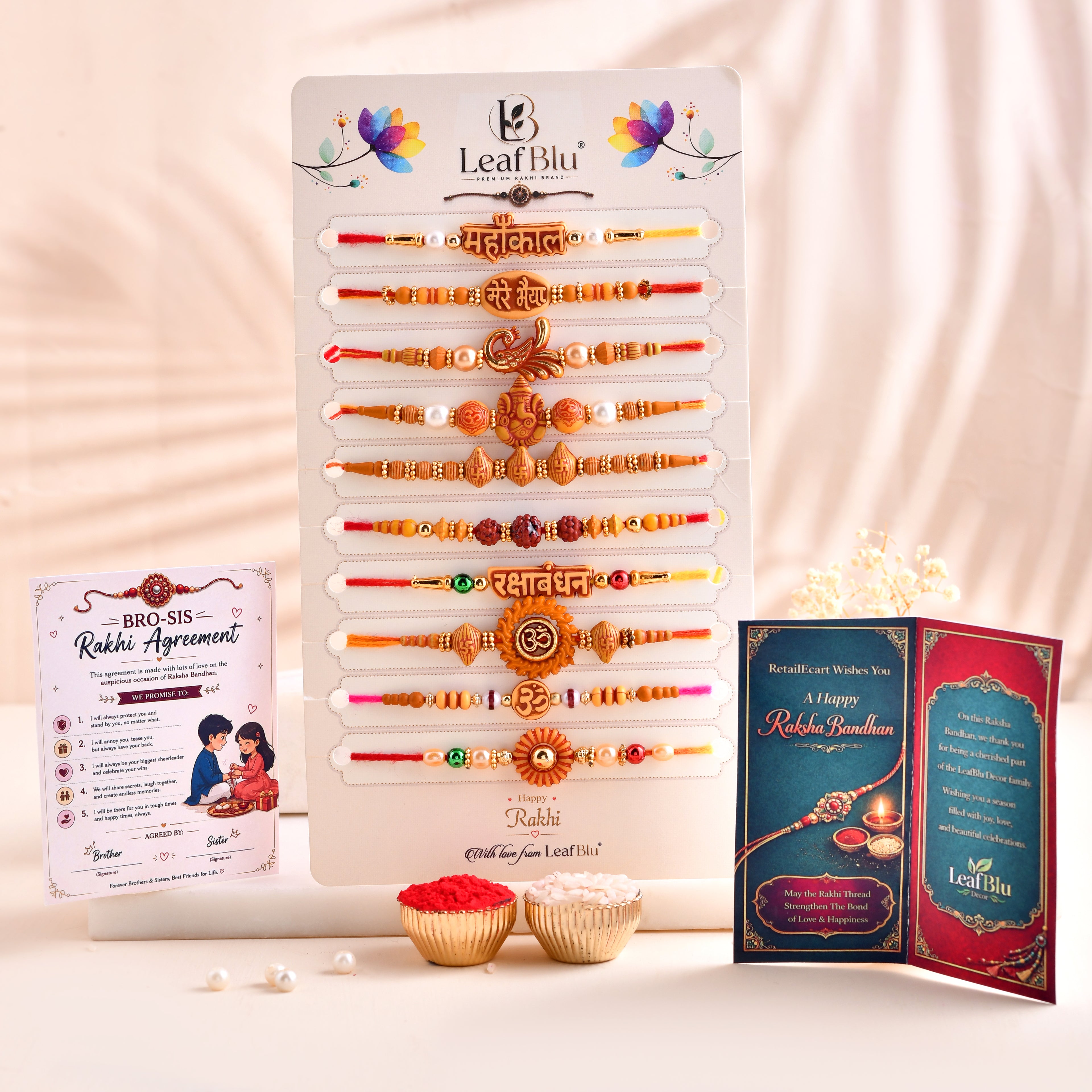 LeafBlu Premium Mahakal Rakhi Combo Set | Pack of 10 Spiritual Designer Rakhis