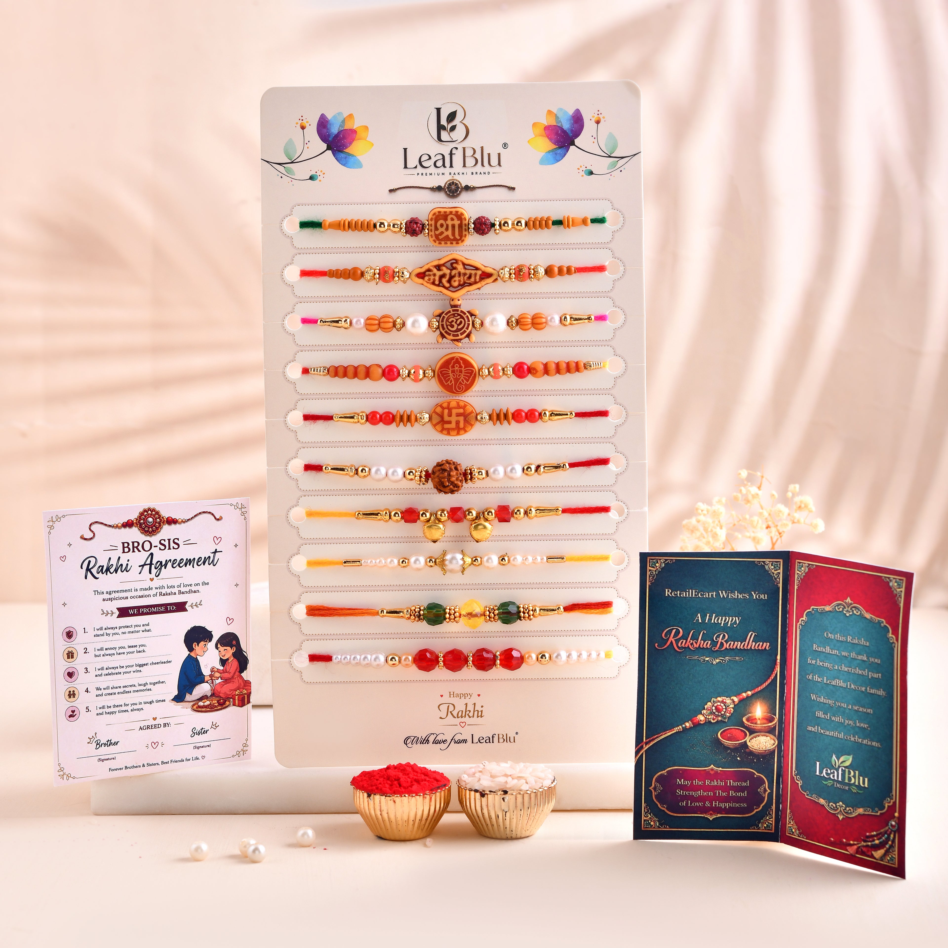 LeafBlu Premium Spiritual Rakhi Combo Set | Pack of 10 Traditional Designer Rakhis