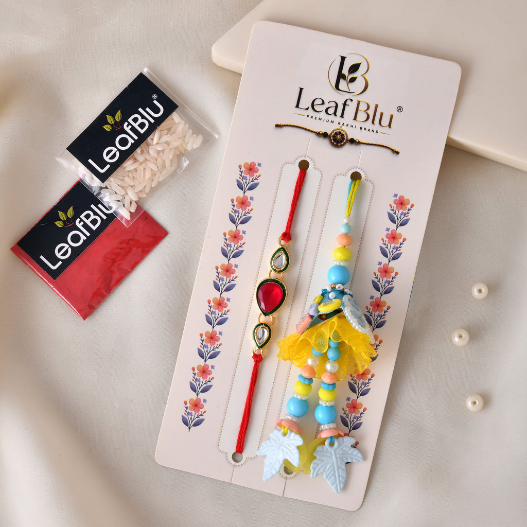 LeafBlu Premium Designer Kundan Bhai Bhabhi Rakhi Lumba Set with Rakhi Agreement Card, Greeting Card & Roli Chawal | Handmade Raksha Bandhan Gift Combo