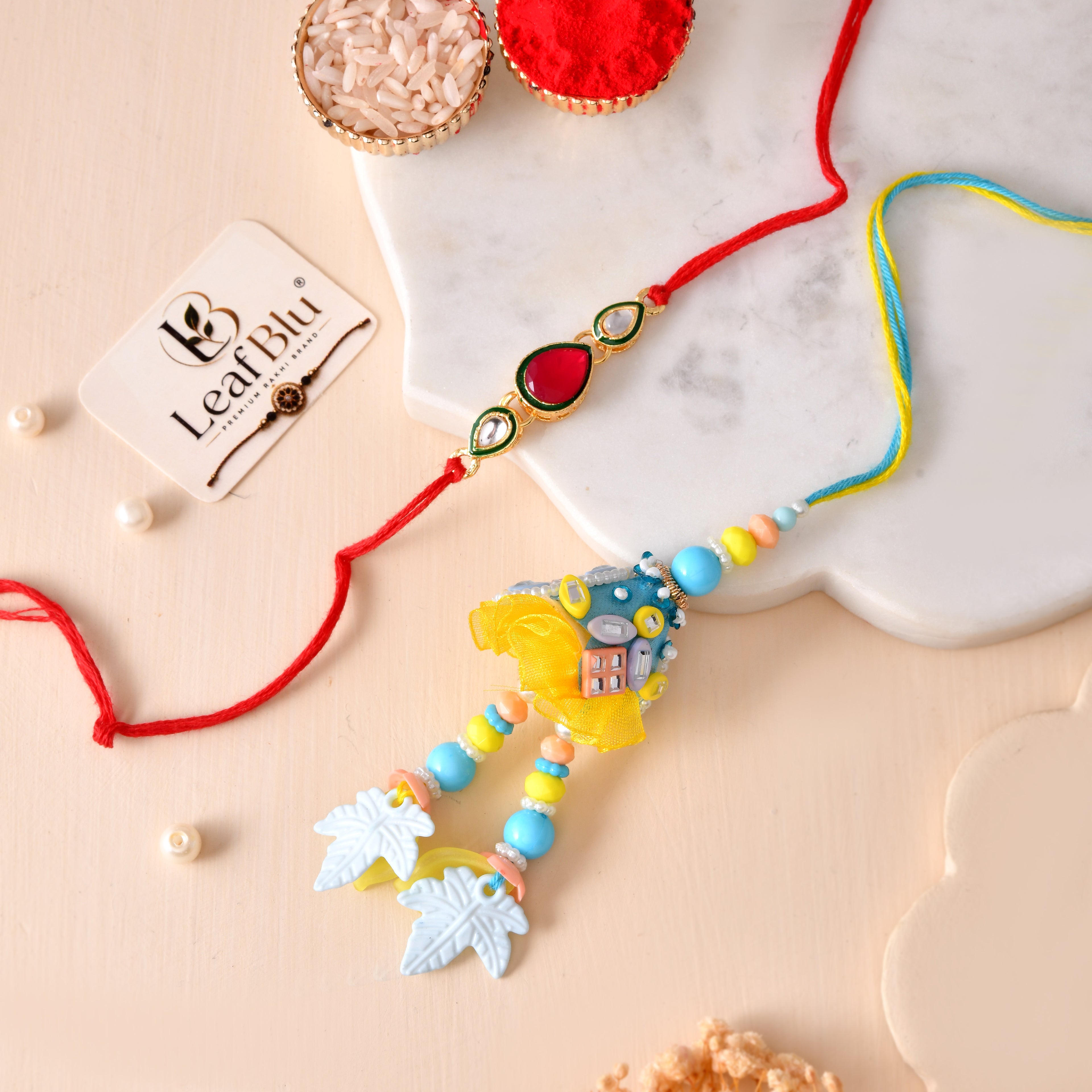 LeafBlu Premium Designer Kundan Bhai Bhabhi Rakhi Lumba Set with Rakhi Agreement Card, Greeting Card & Roli Chawal | Handmade Raksha Bandhan Gift Combo