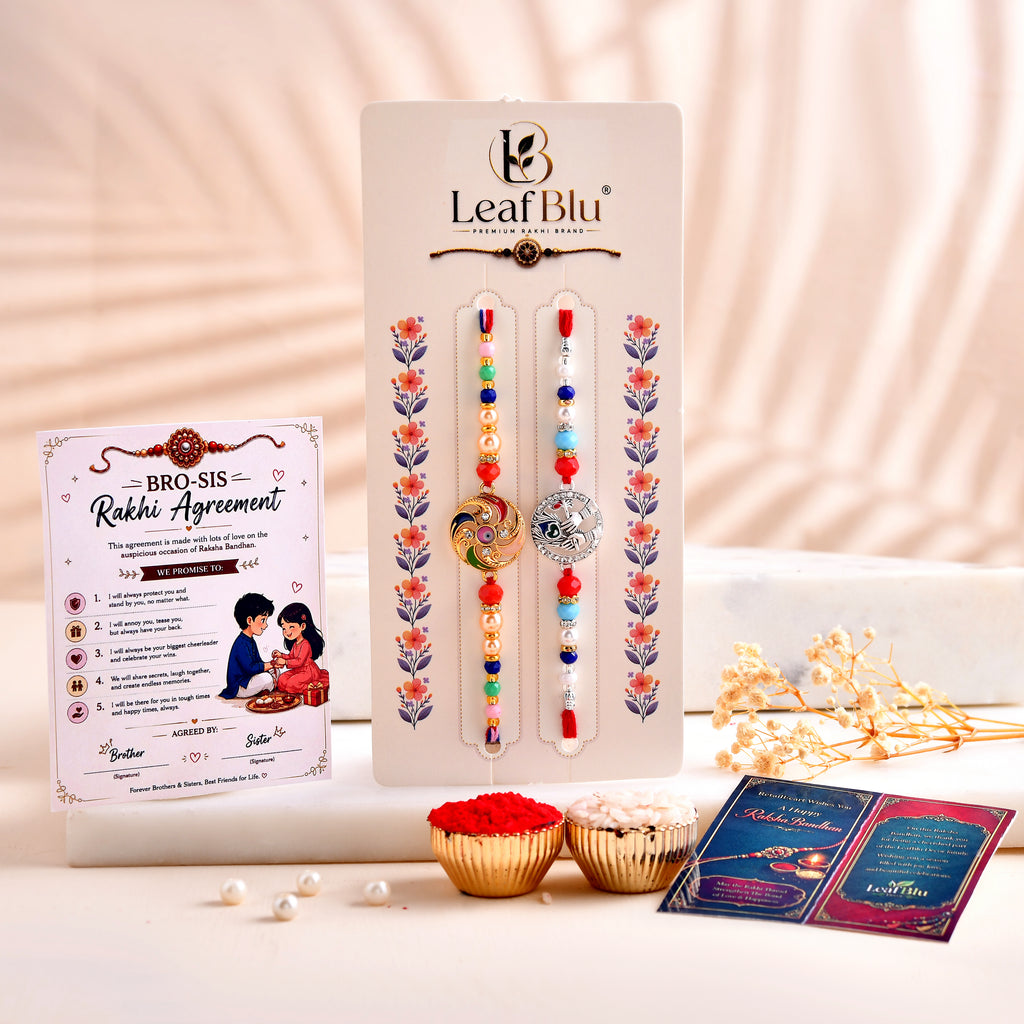 LeafBlu Premium Designer Rakhi Set of 2 for Brother with Rakhi Agreement Card, Greeting Card & Roli Chawal | Handmade Raksha Bandhan Gift Combo