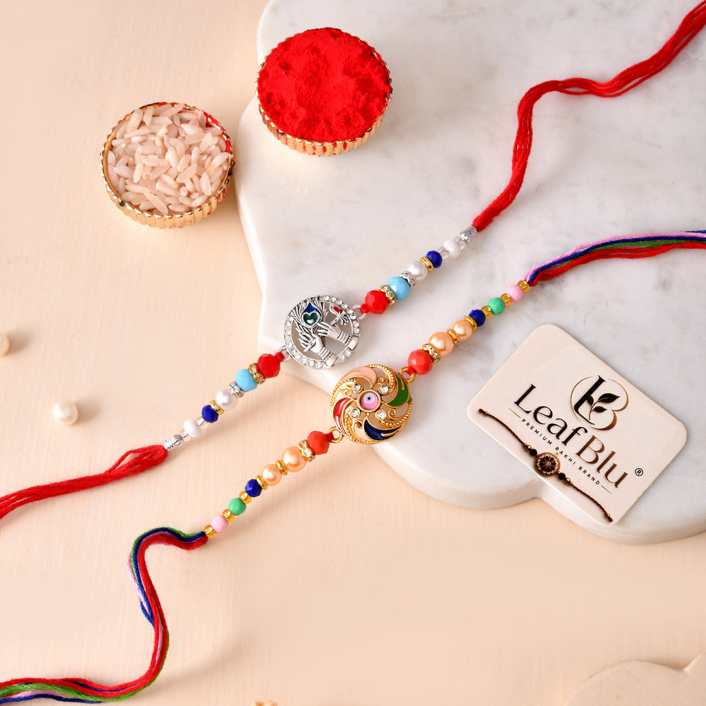 LeafBlu Premium Designer Rakhi Set of 2 for Brother with Rakhi Agreement Card, Greeting Card & Roli Chawal | Handmade Raksha Bandhan Gift Combo