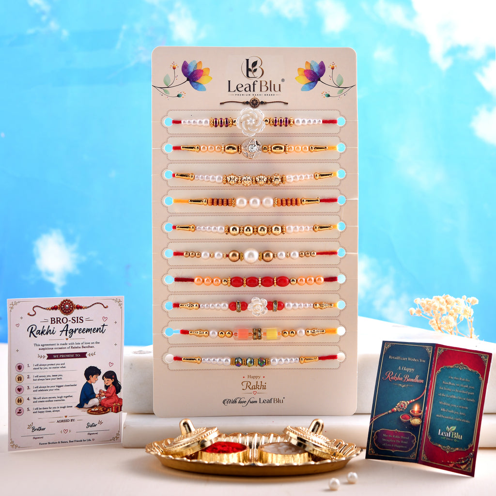 LeafBlu Premium Designer Rakhi Set of 10 for Brother with Rakhi Agreement Card, Greeting Card & Roli Chawal | Handmade Raksha Bandhan Gift Combo