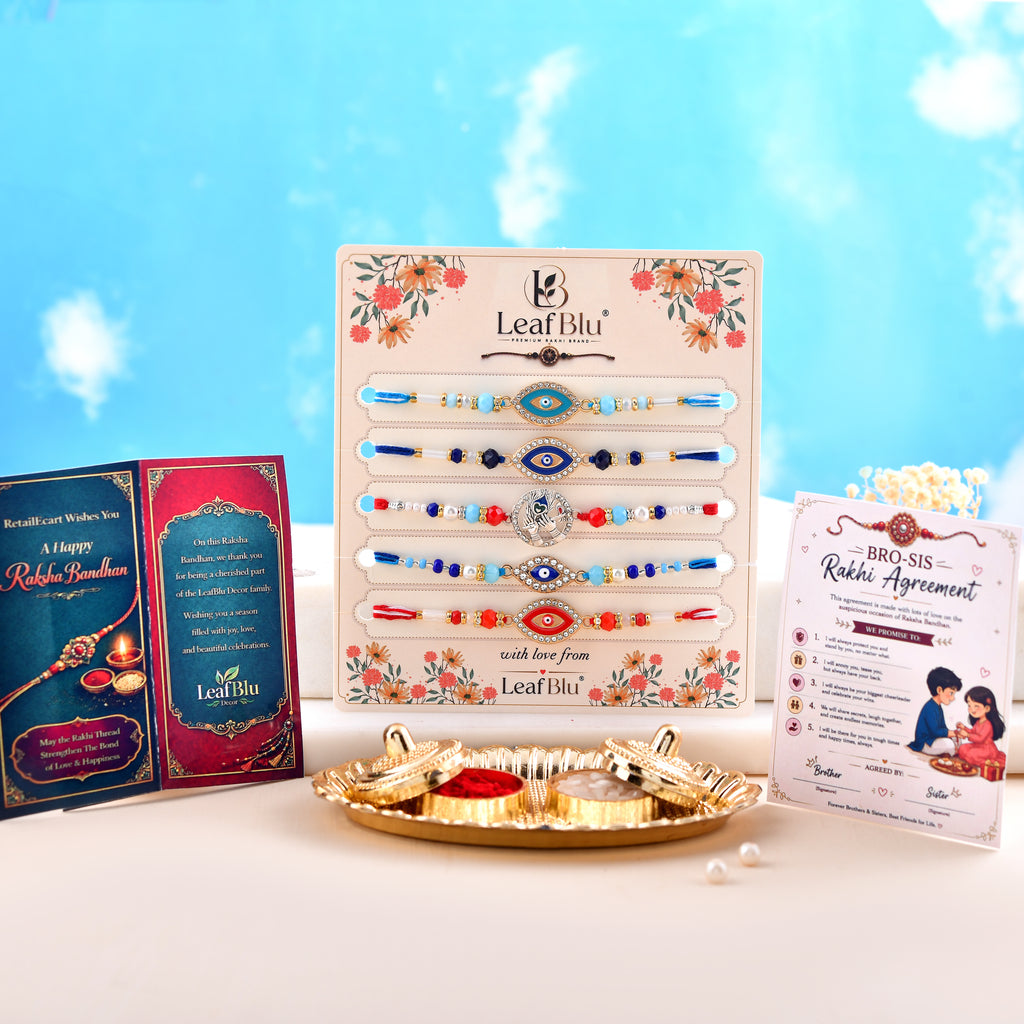 LeafBlu Premium Evil Eye Designer Rakhi Set of 5 for Brother with Rakhi Agreement Card, Greeting Card & Roli Chawal | Handmade Raksha Bandhan Gift Combo
