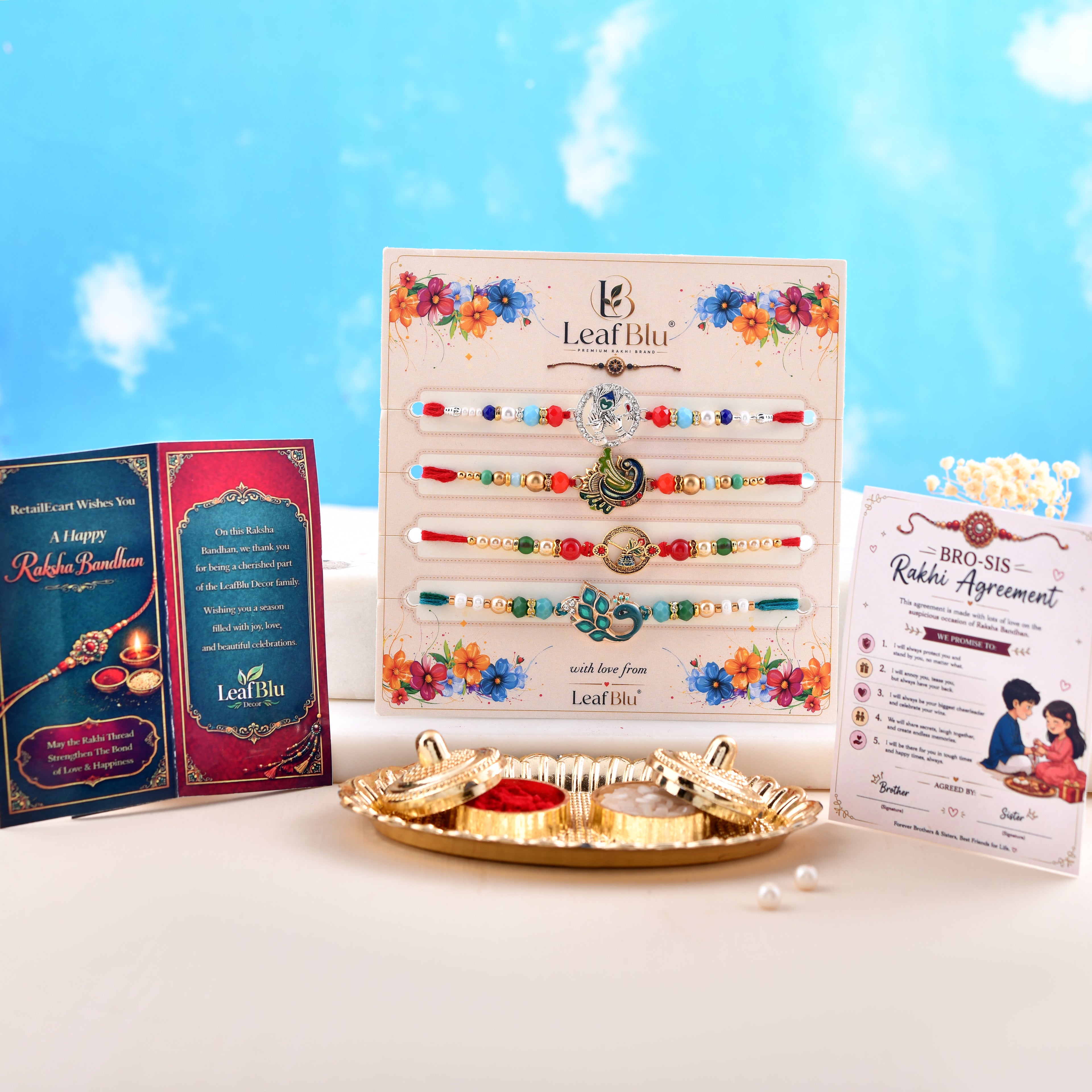 LeafBlu Premium Designer Rakhi Set of 4 for Brother with Rakhi Agreement Card, Greeting Card & Roli Chawal | Handmade Raksha Bandhan Gift Combo