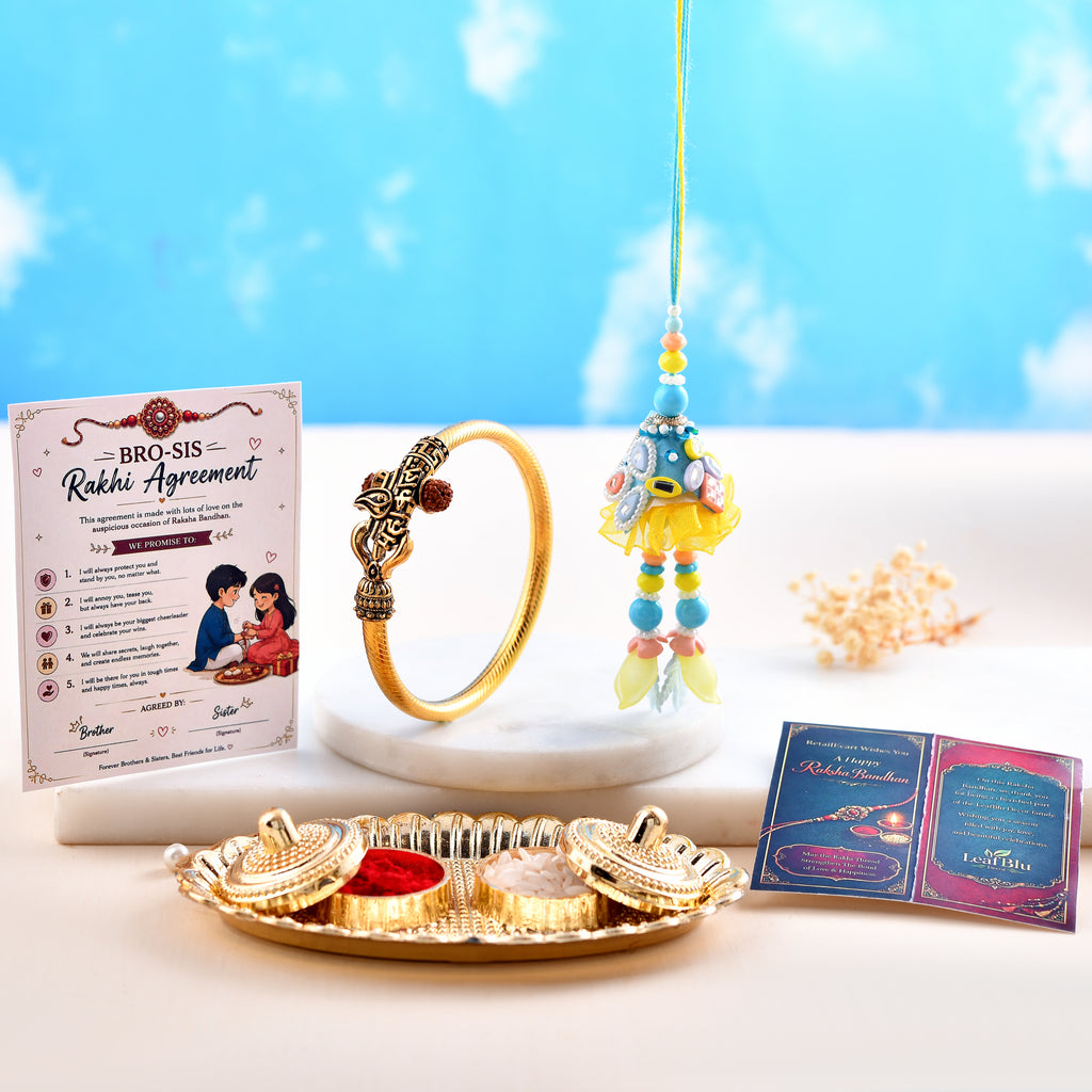 LeafBlu Premium Bhai Bhabhi Rakhi Lumba Set with Designer Golden Kada, Rakhi Agreement Card & Greeting Card | Raksha Bandhan Gift Combo