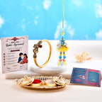 LeafBlu Premium Bhai Bhabhi Rakhi Lumba Set with Designer Golden Kada, Rakhi Agreement Card & Greeting Card | Raksha Bandhan Gift Combo