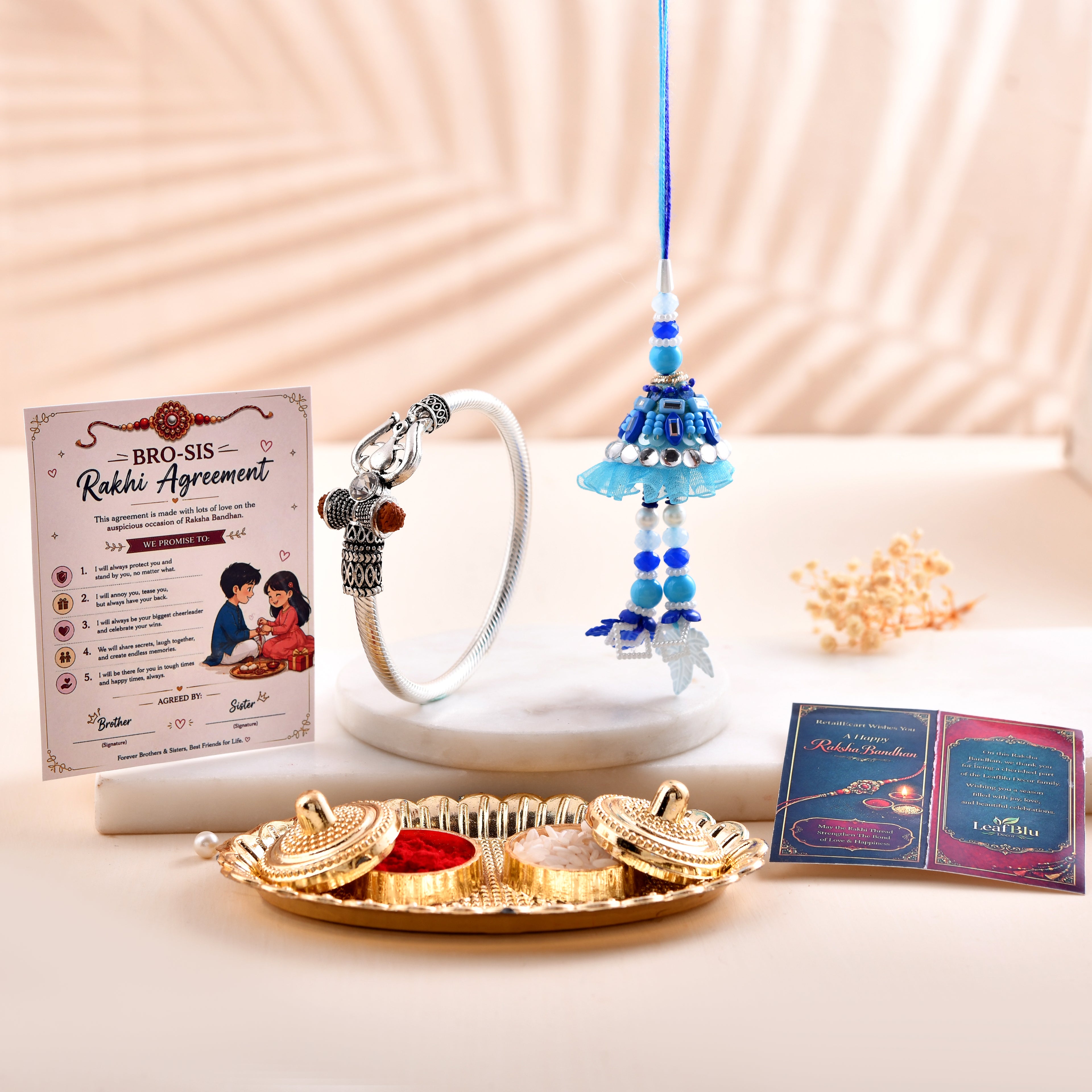 Designer Silver Kada & Bhai Bhabhi Lumba Rakhi Set | Premium Rakhi Combo with Greeting Card & Rakhi Agreement Card