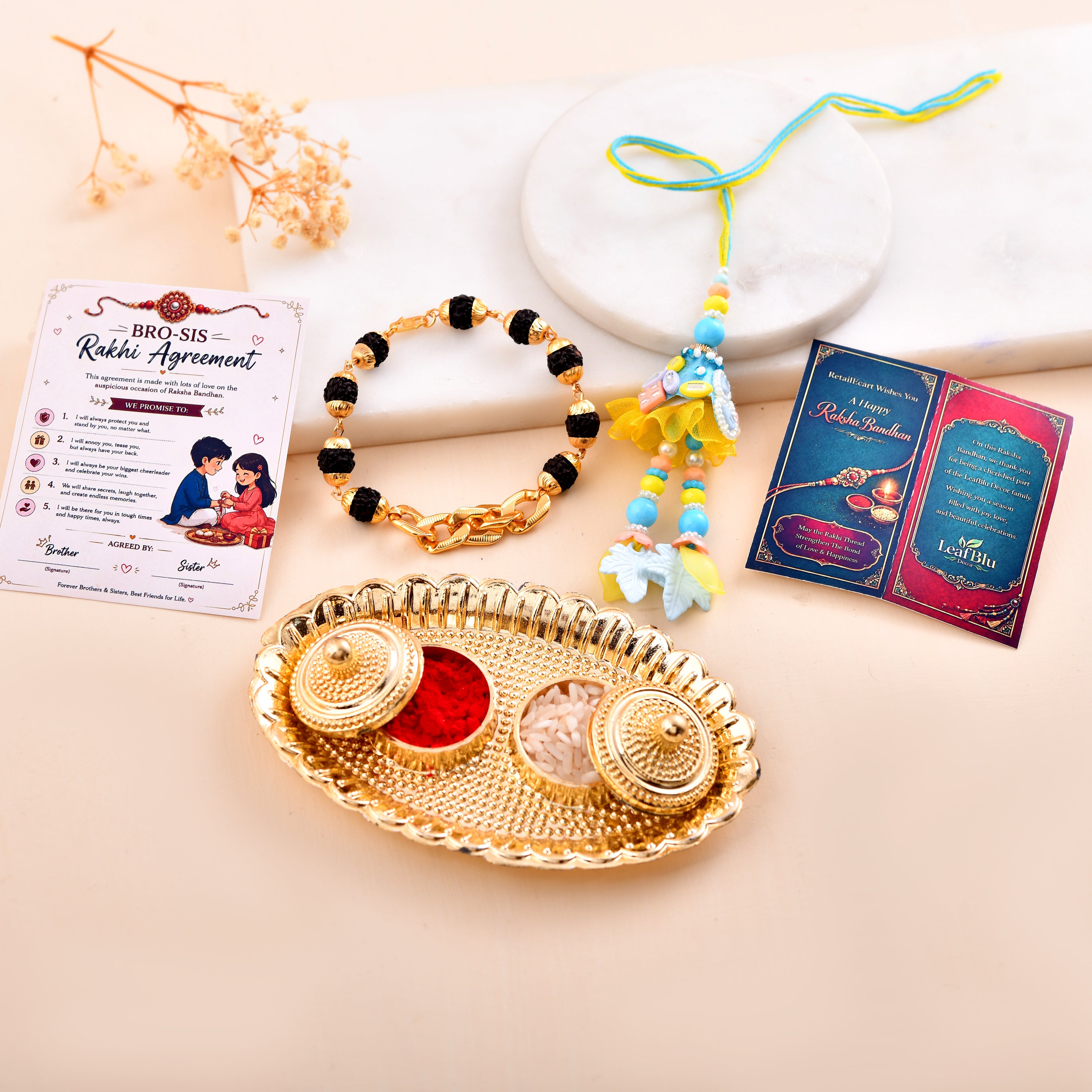 Designer Rudraksha Bracelet & Bhai Bhabhi Lumba Rakhi Set | Premium Rakhi Combo with Greeting Card & Rakhi Agreement Card