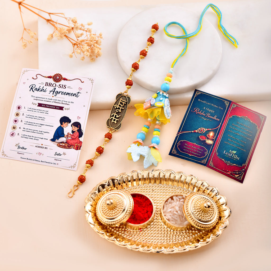 LeafBlu Premium Bhai Bhabhi Rakhi Lumba Set with Om Rudraksha Bracelet, Rakhi Agreement Card, Greeting Card & Roli Chawal | Handmade Raksha Bandhan Gift Combo