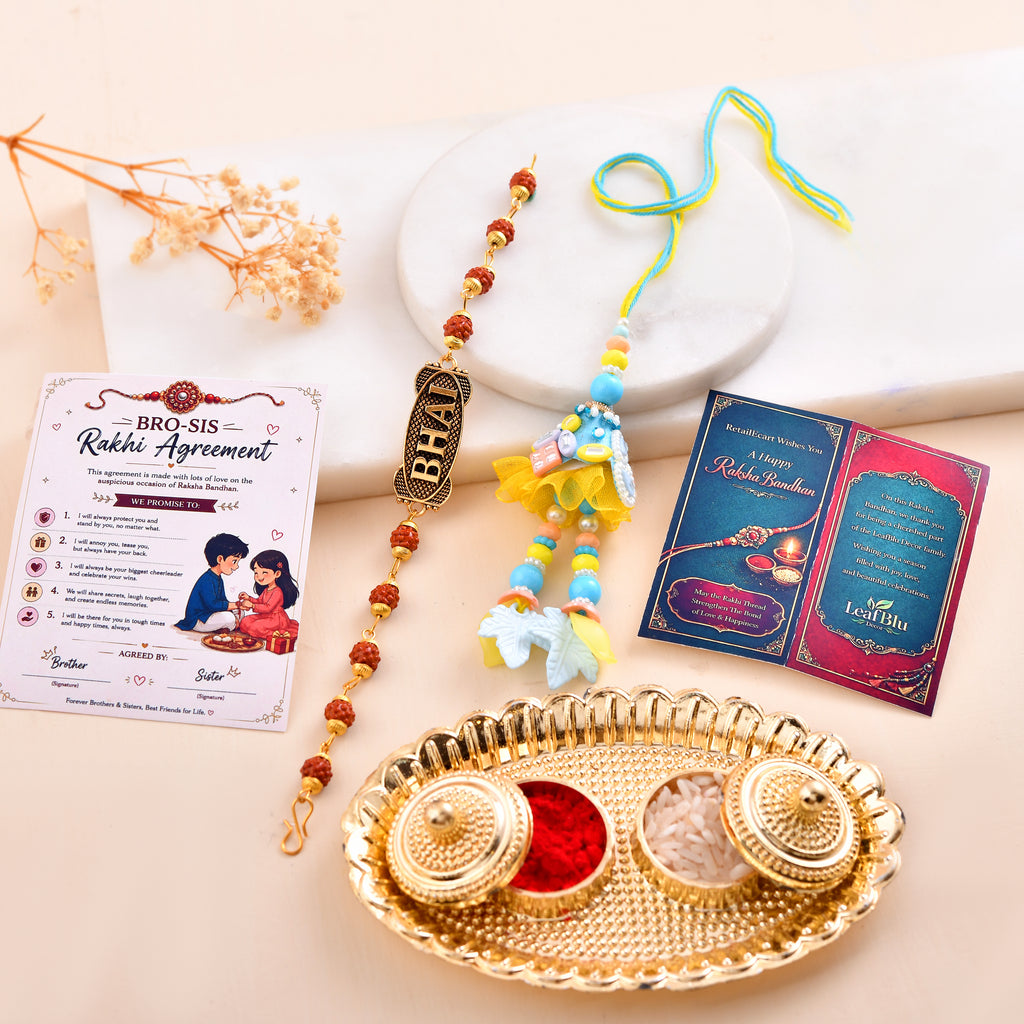 LeafBlu Premium Bhai Bhabhi Rakhi Lumba Set with Bhai Name Rudraksha Bracelet, Rakhi Agreement Card, Greeting Card & Roli Chawal | Handmade Raksha Bandhan Gift Combo