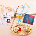 LeafBlu Premium Bhai Bhabhi Rakhi Lumba Set with Bhai Name Rudraksha Bracelet, Rakhi Agreement Card, Greeting Card & Roli Chawal | Handmade Raksha Bandhan Gift Combo