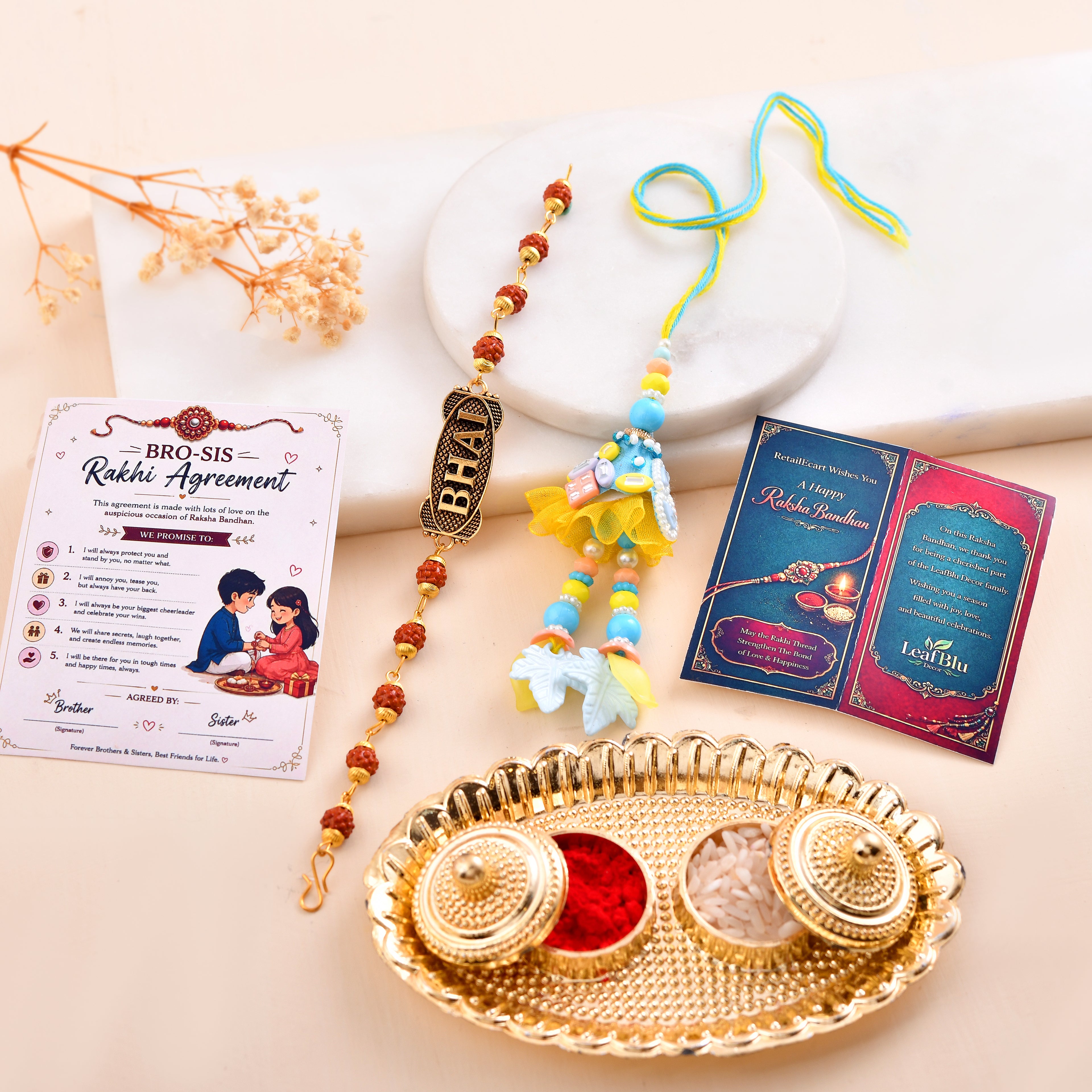 LeafBlu Premium Bhai Bhabhi Rakhi Lumba Set with Bhai Name Rudraksha Bracelet, Rakhi Agreement Card, Greeting Card & Roli Chawal | Handmade Raksha Bandhan Gift Combo