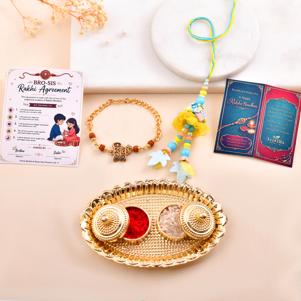 LeafBlu Premium Bhai Bhabhi Rakhi Lumba Set with Shree Ram Rudraksha Bracelet, Rakhi Agreement Card, Greeting Card & Roli Chawal | Handmade Raksha Bandhan Gift Combo