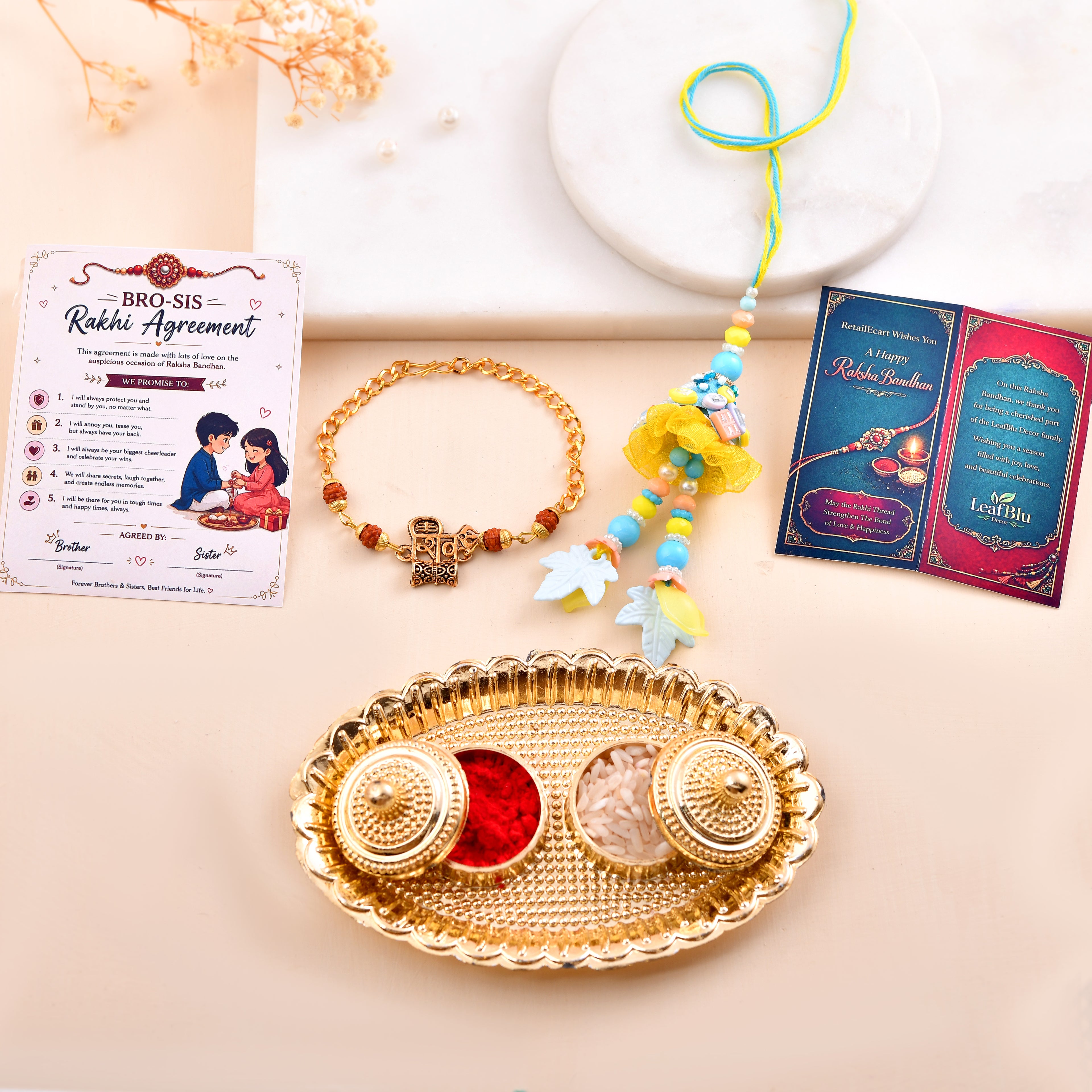 LeafBlu Premium Bhai Bhabhi Rakhi Lumba Set with Shree Ram Rudraksha Bracelet, Rakhi Agreement Card, Greeting Card & Roli Chawal | Handmade Raksha Bandhan Gift Combo