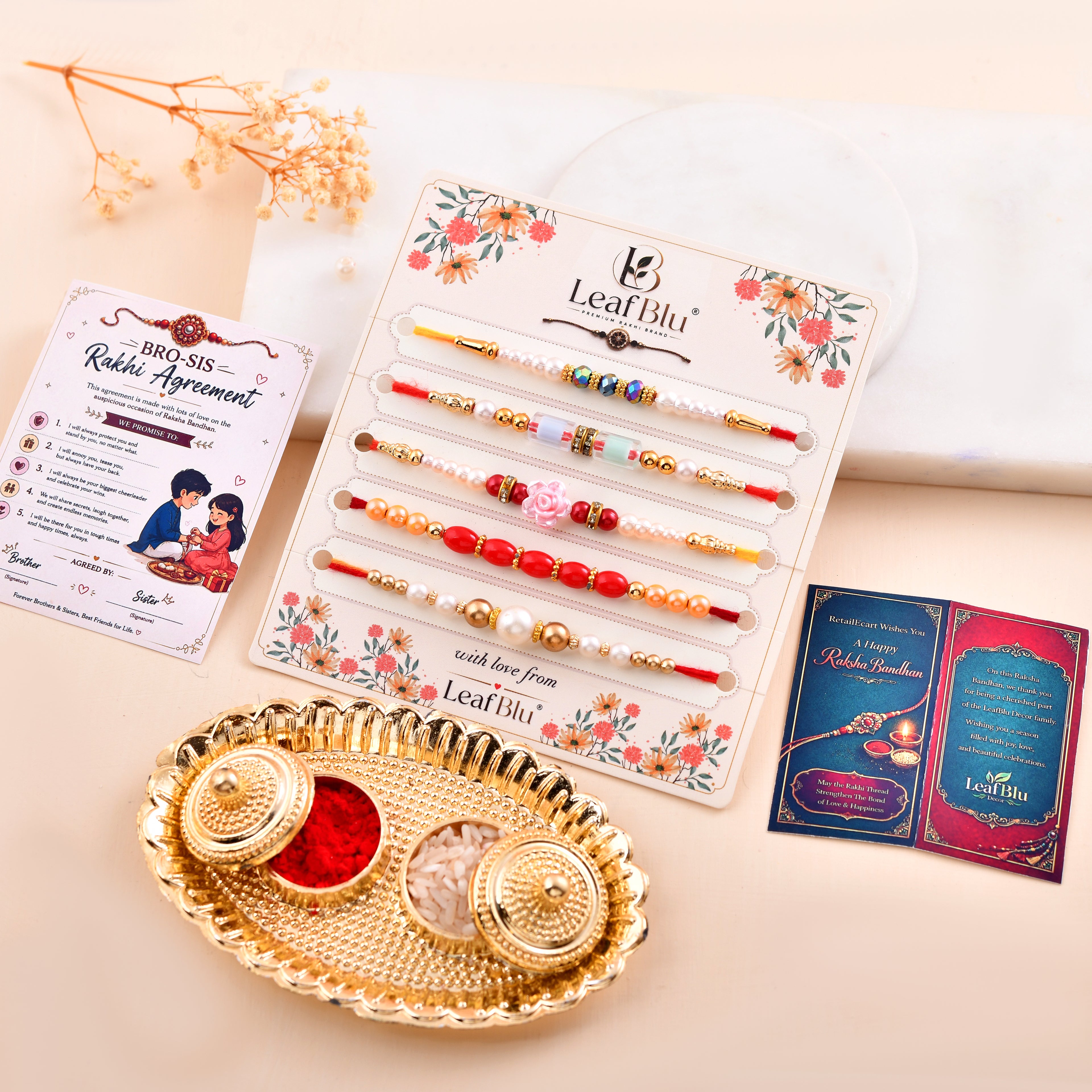 LeafBlu Designer Pearl Rakhi Set of 5 with Rakhi Agreement Card, Greeting Card & Roli Chawal | Raksha Bandhan Gift Combo
