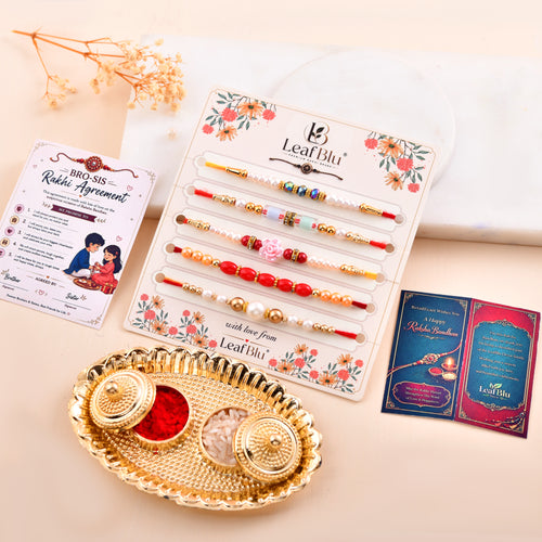 LeafBlu Designer Pearl Rakhi Set of 5 with Rakhi Agreement Card, Greeting Card & Roli Chawal | Raksha Bandhan Gift Combo