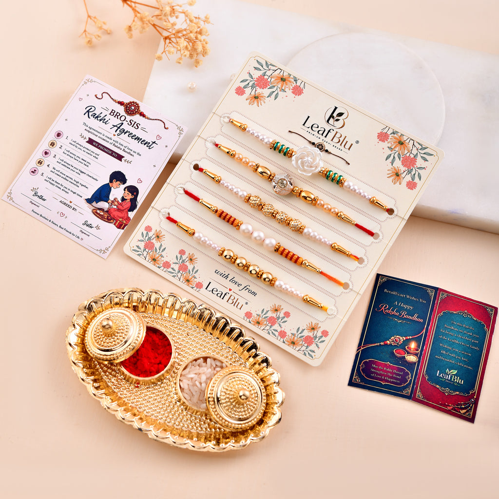 LeafBlu Premium Designer Pearl & Crystal Rakhi Set of 5 for Brother with Rakhi Agreement Card, Greeting Card & Roli Chawal | Handmade Raksha Bandhan Gift Pack