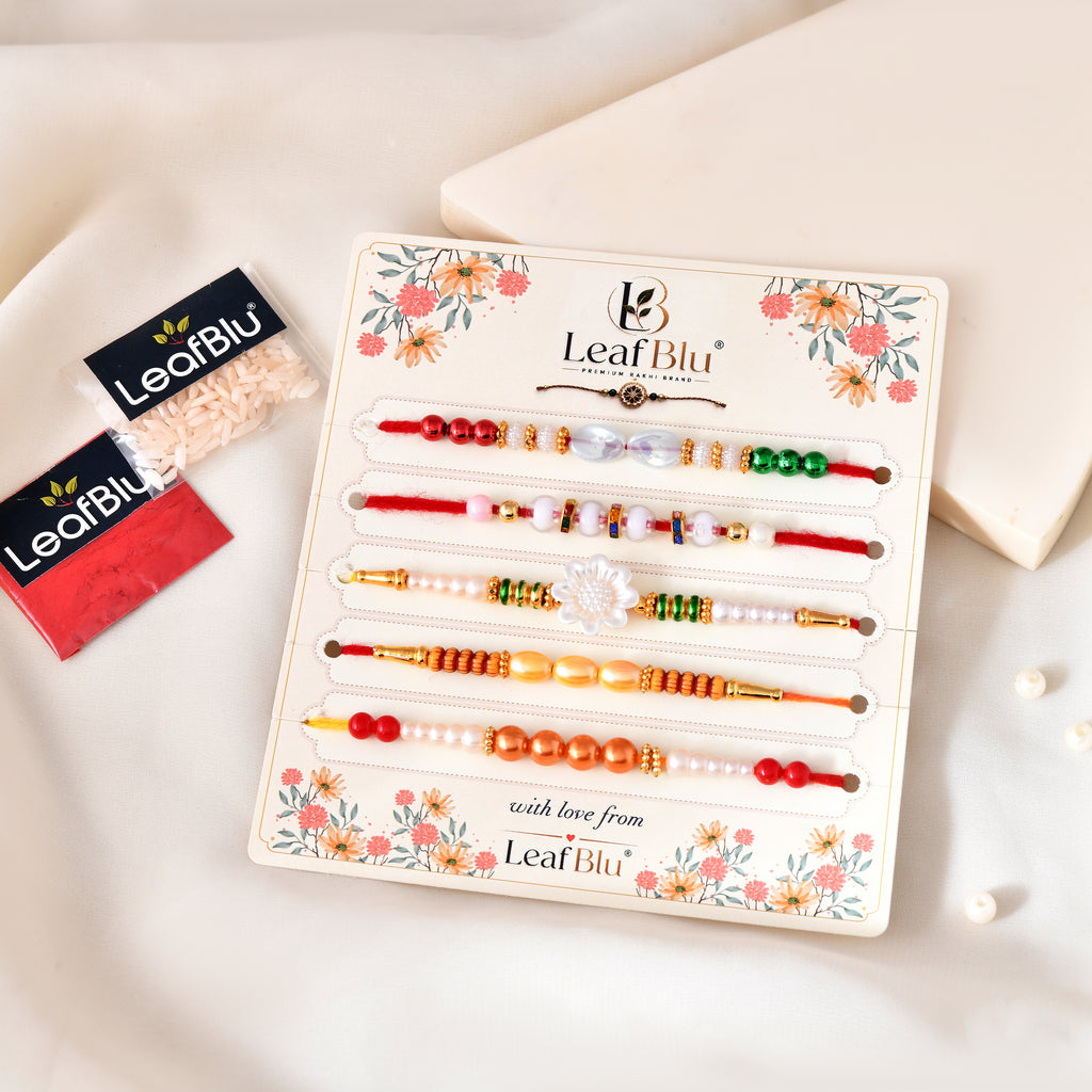 LeafBlu Premium Designer Rakhi Set of 5 for Brother with Rakhi Agreement Card, Greeting Card & Roli Chawal | Handmade Raksha Bandhan Gift Pack