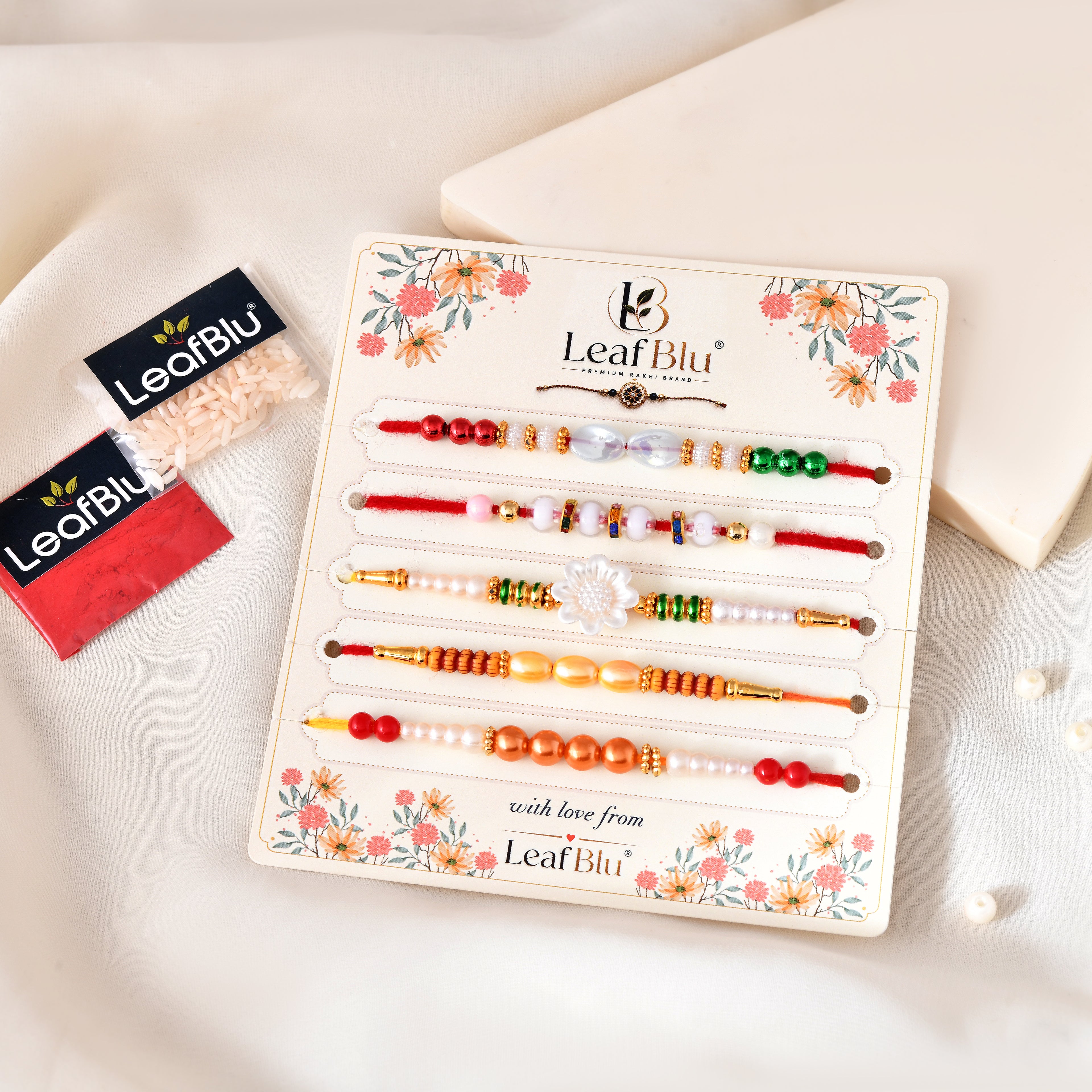 LeafBlu Premium Designer Rakhi Set of 5 for Brother with Rakhi Agreement Card, Greeting Card & Roli Chawal | Handmade Raksha Bandhan Gift Pack