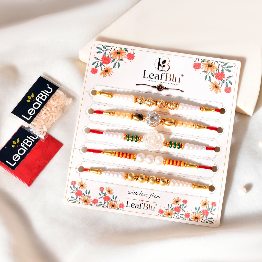 LeafBlu Premium Designer Pearl & Crystal Rakhi Set of 5 for Brother with Rakhi Agreement Card, Greeting Card & Roli Chawal | Handmade Raksha Bandhan Gift Pack